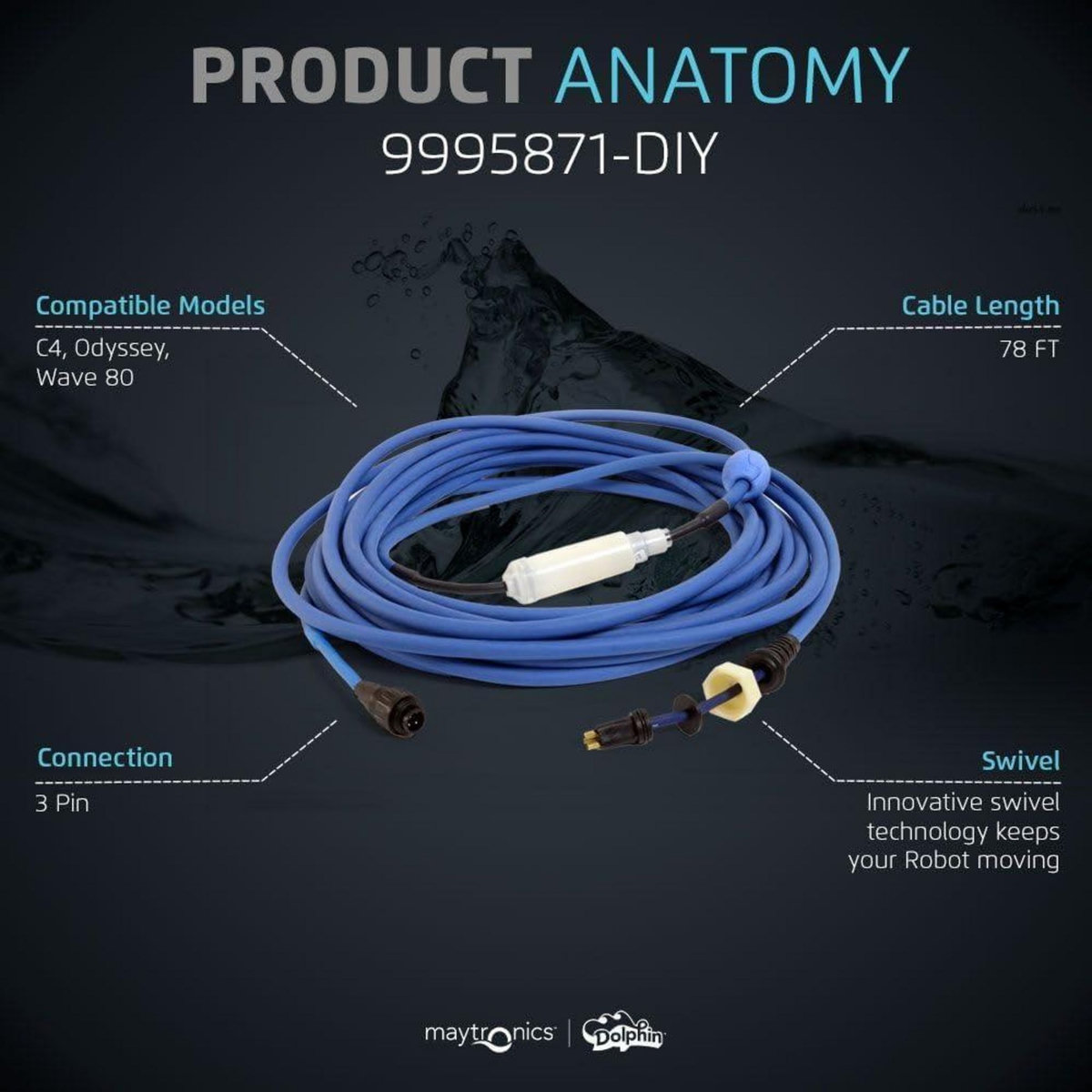 Dolphin Cable d'alimentation avec swivel diy 24m dyn 2010 pour robot dolphin wave 80 et prox1 - 9995871-diy