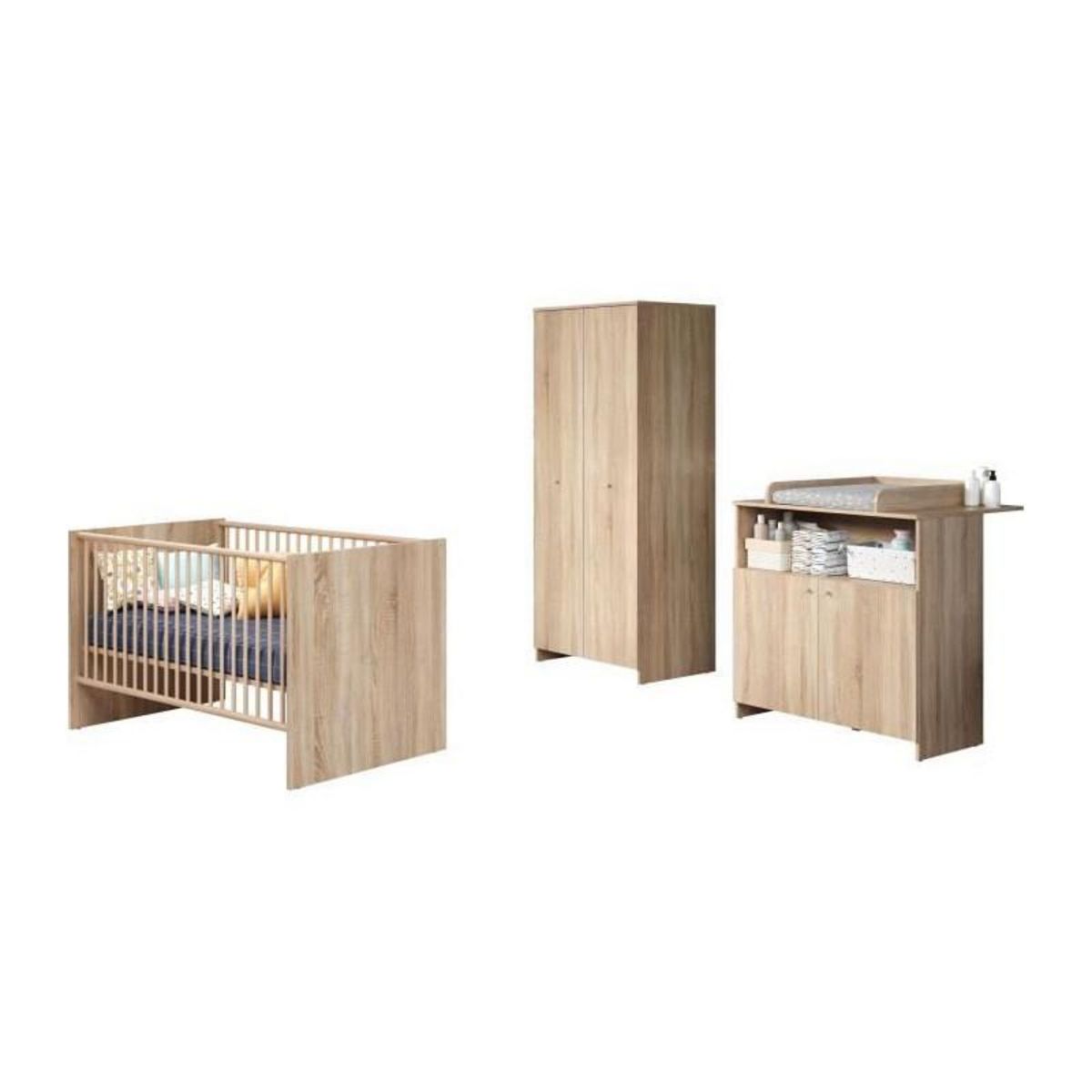 TREND TEAM Chambre bébé trio NIKO - Lit 70x140 cm + Commode a langer 2 portes + Armoire 2 portes - Décor chene naturel - TRENDTEAM