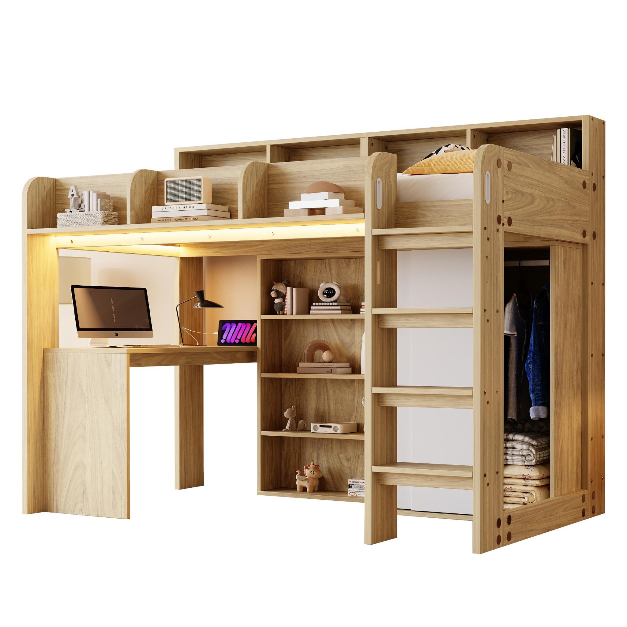 MERAX Lit mezzanine 90x200 cm coloris naturel led mdf