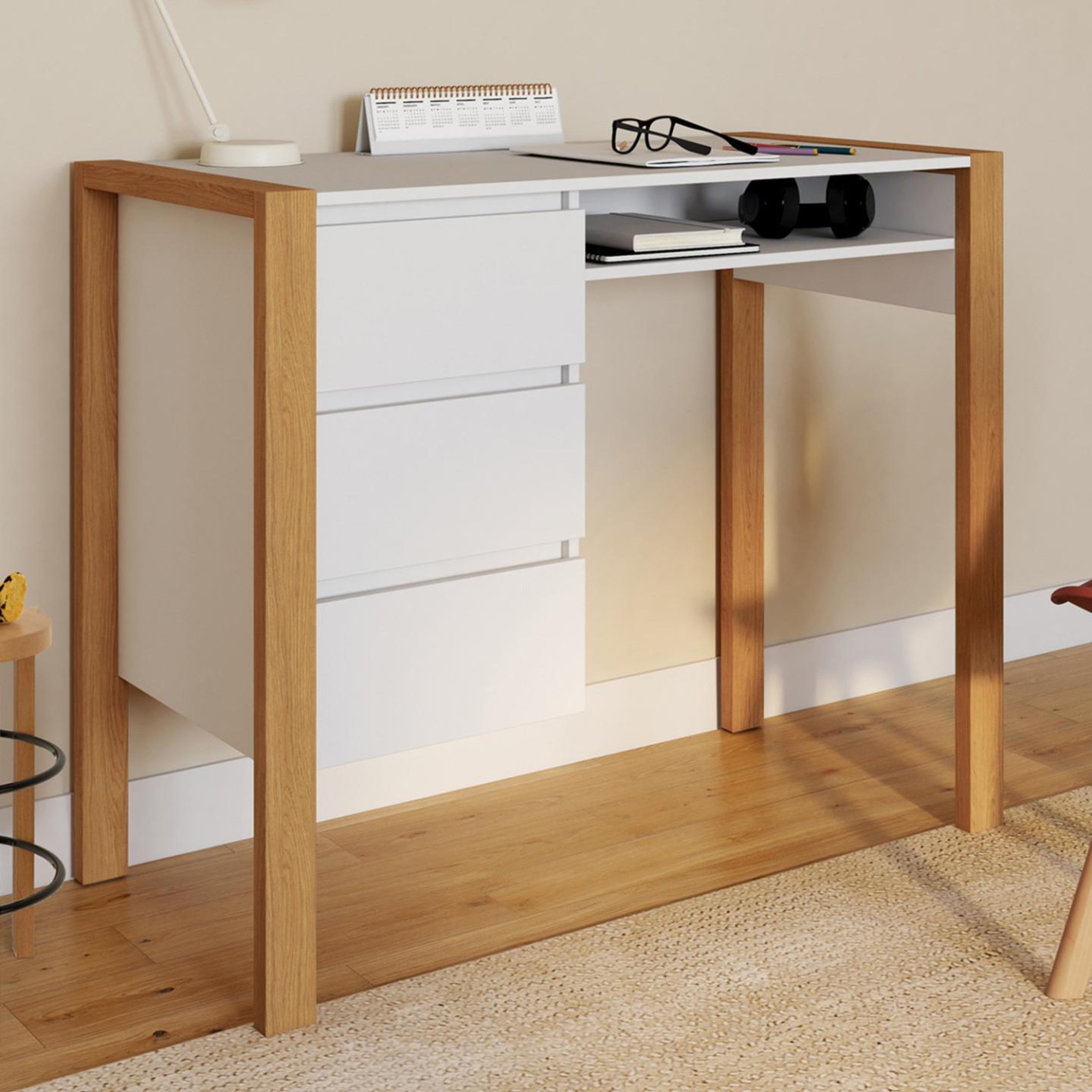 Voir la diapositive 2 : ID MARKET Bureau scandinave hugo avec 3 tiroirs et niche blanc et bois