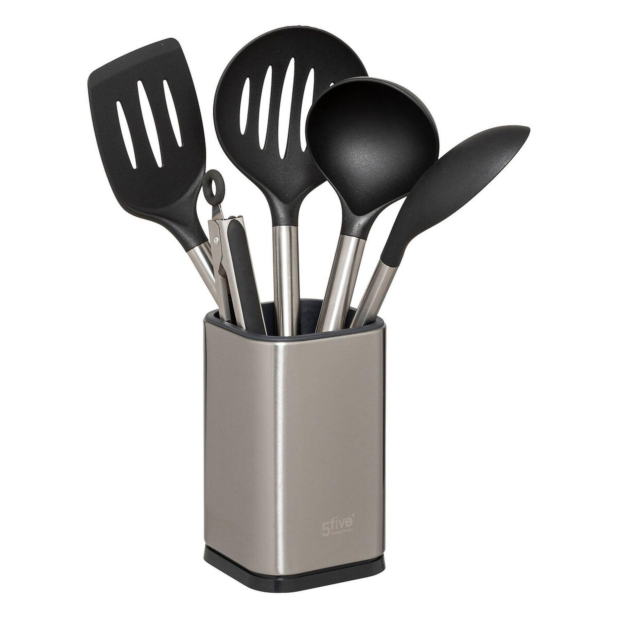 FIVE Ensemble de 5 ustensiles avec leur pot de rangement en inox - Noir et gris