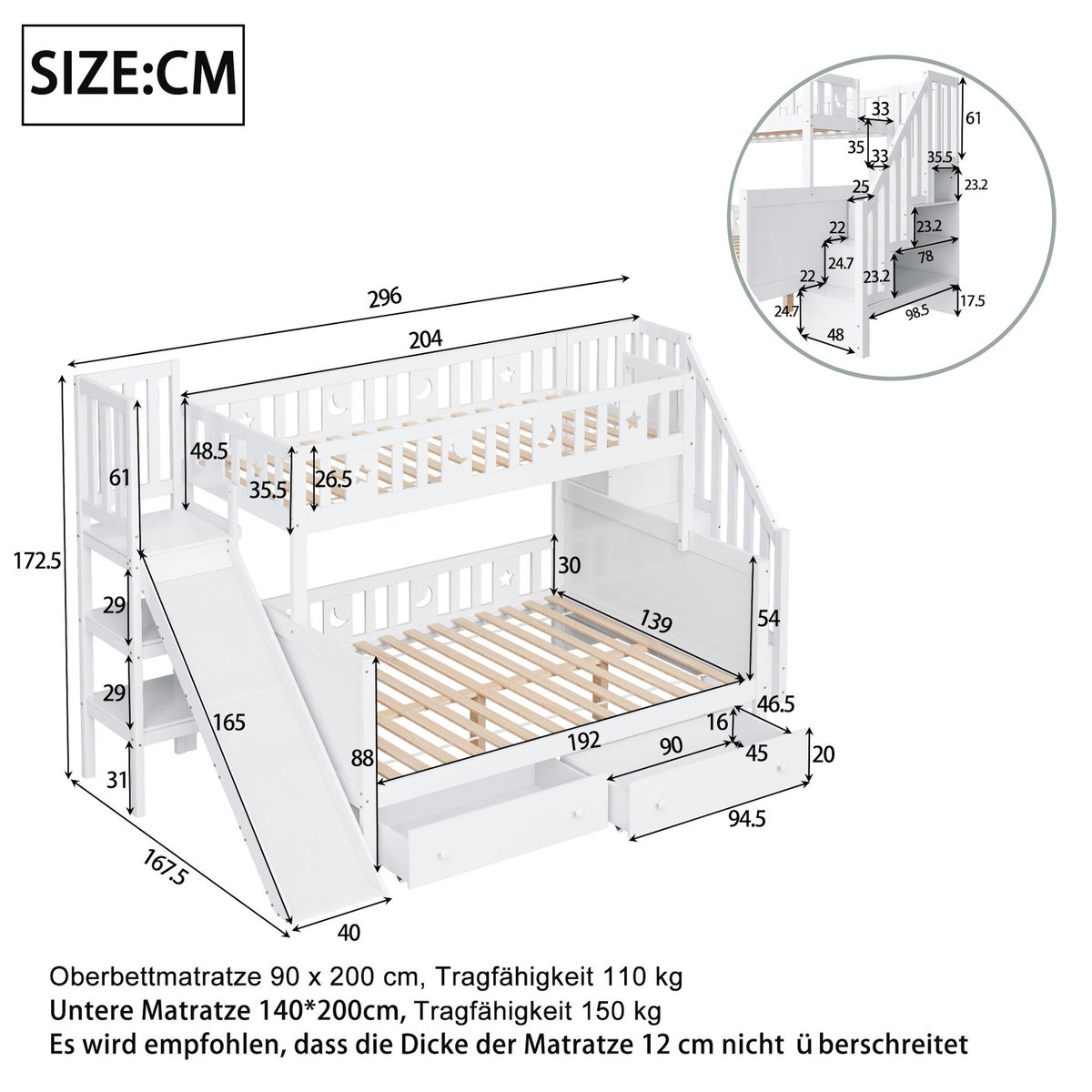MERAX Lit superposé 140x200(90x200) cm coloris blanc bois massif