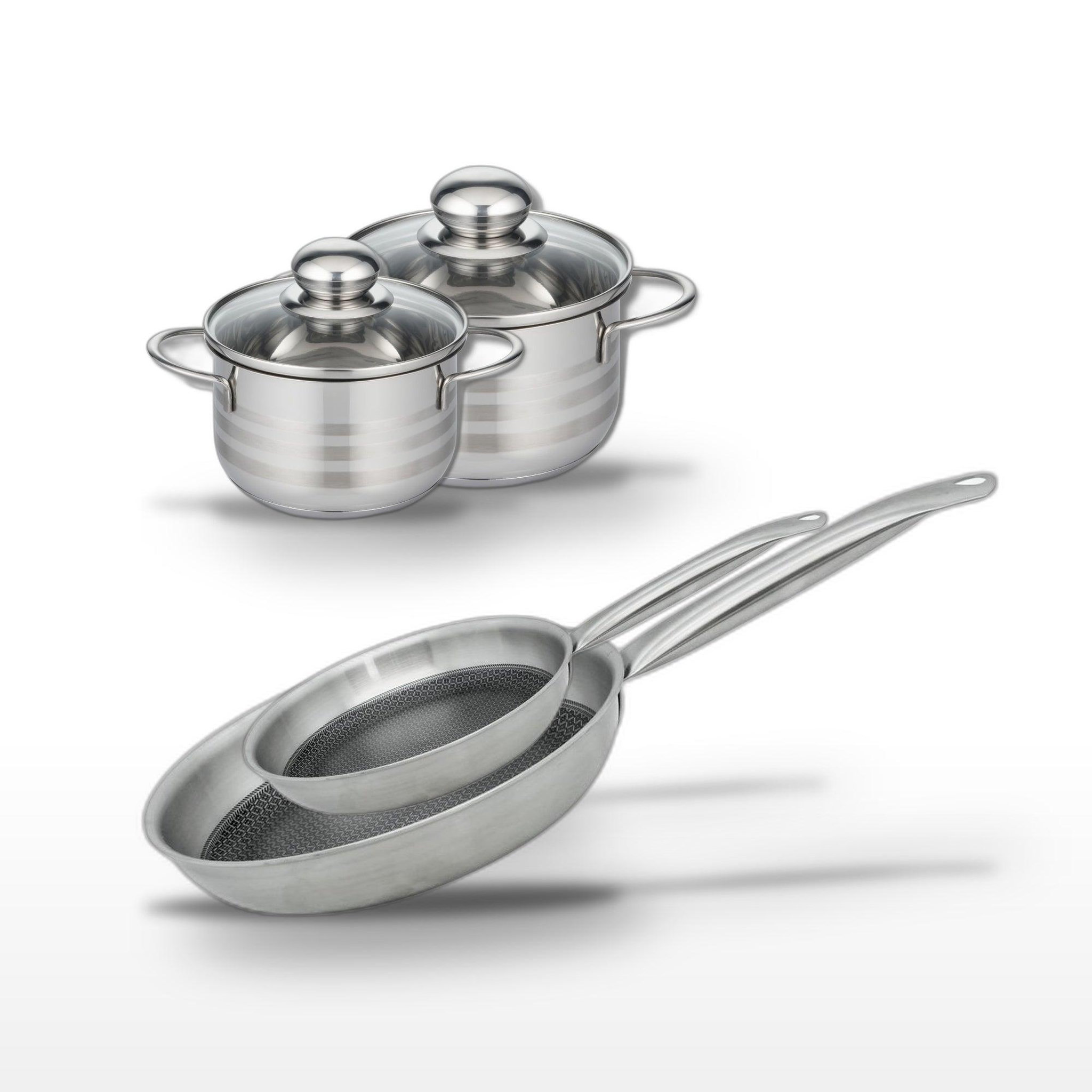 ELO Batterie de cuisine avec 2 poêles 24/28 cm et 2 faitouts 14/16 cm en inox sans pfas elo collection relief solution brillant