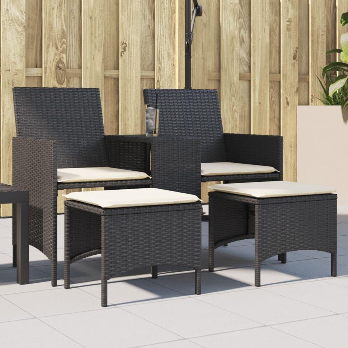 VIDAXL Canape de jardin 2 places avec table et tabourets noir rotin
