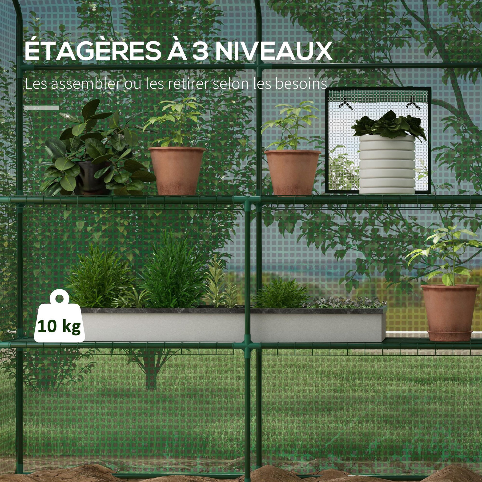 Voir la diapositive 5 : OUTSUNNY Serre de jardin 4 tablettes dim. 1,4l x 1,43l x 1,9h m porte déroulante fenêtre acier pe haute densité vert
