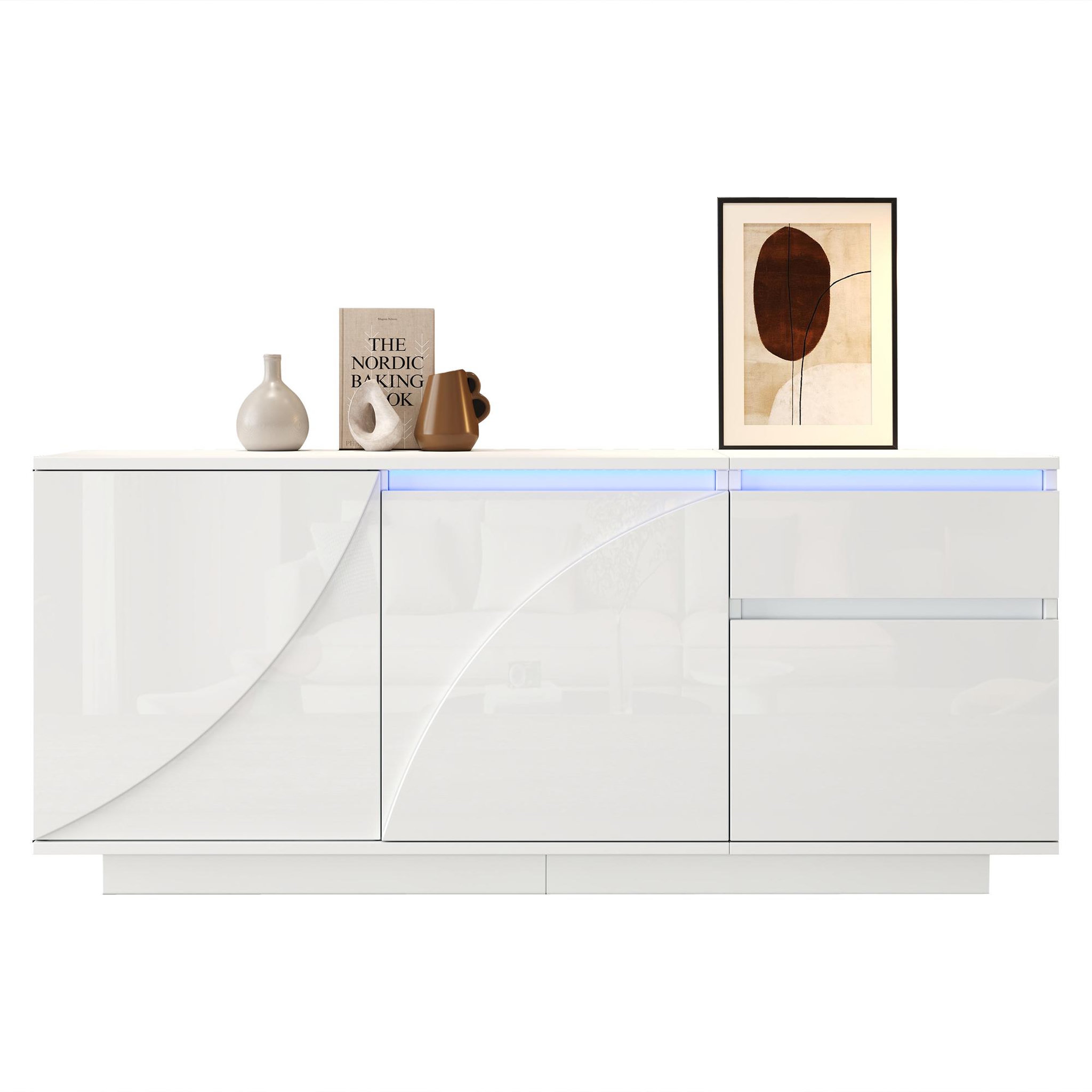 MERAX Buffet 3 porte(s) 1 tiroir(s) - 140 cm blanc led mdf