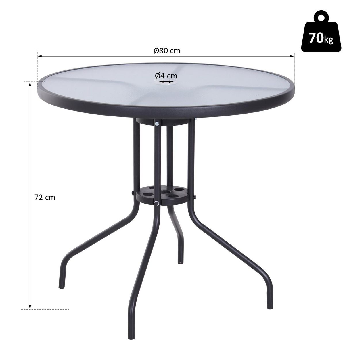 OUTSUNNY Table ronde bistro de jardin dim. Ø 80 x 72H cm espace installation parasol acier époxy noir plateau verre trempé