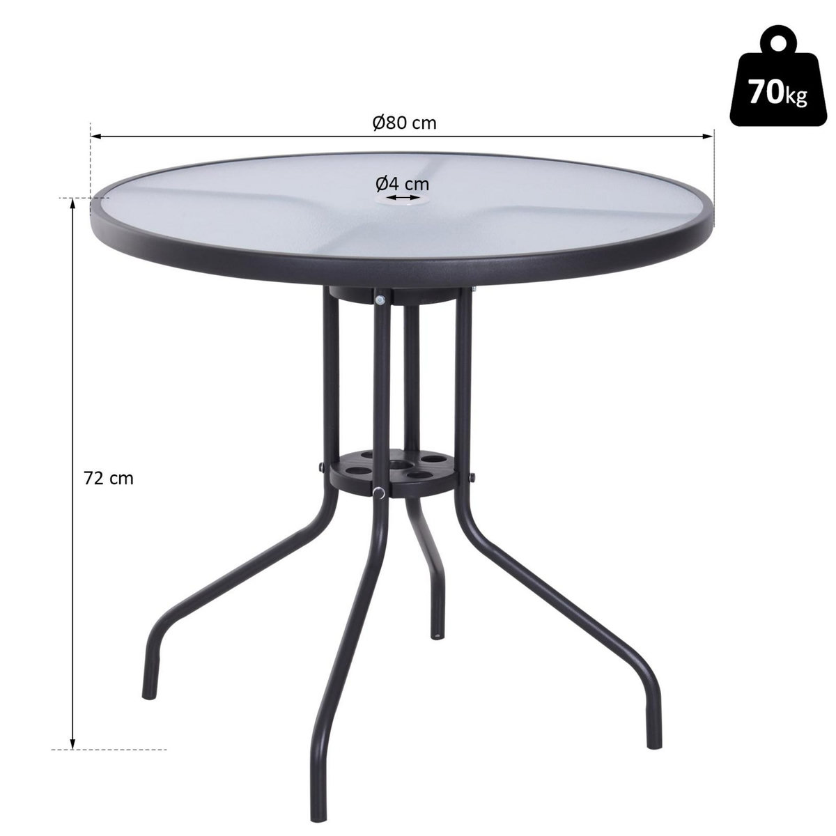 OUTSUNNY Table ronde bistro de jardin dim. Ø 80 x 72H cm espace installation parasol acier époxy noir plateau verre trempé