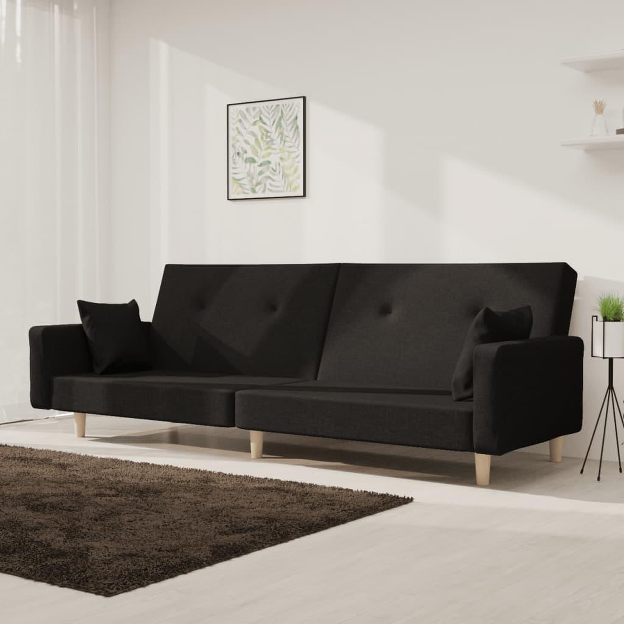 VIDAXL Canape-lit a 2 places avec deux oreillers noir tissu