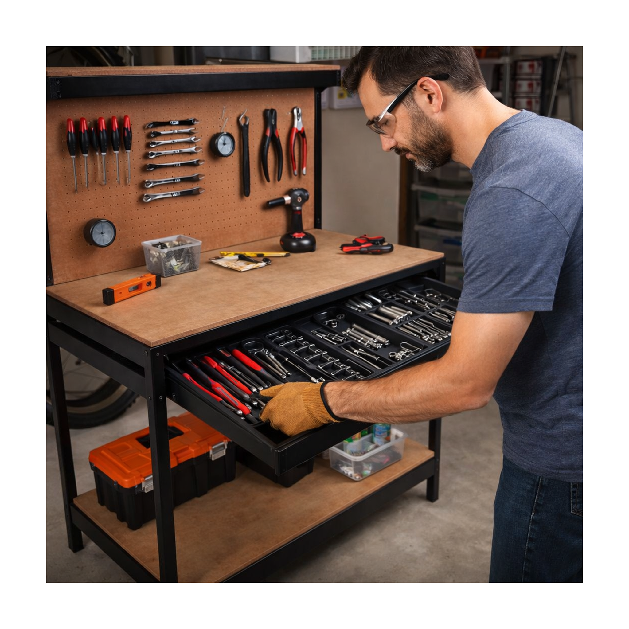 Voir la diapositive 3 : Proweltek Etabli d'atelier panneau porte outils perforé 120x60 xh150cm etagère + grand tiroir de rangement proweltek