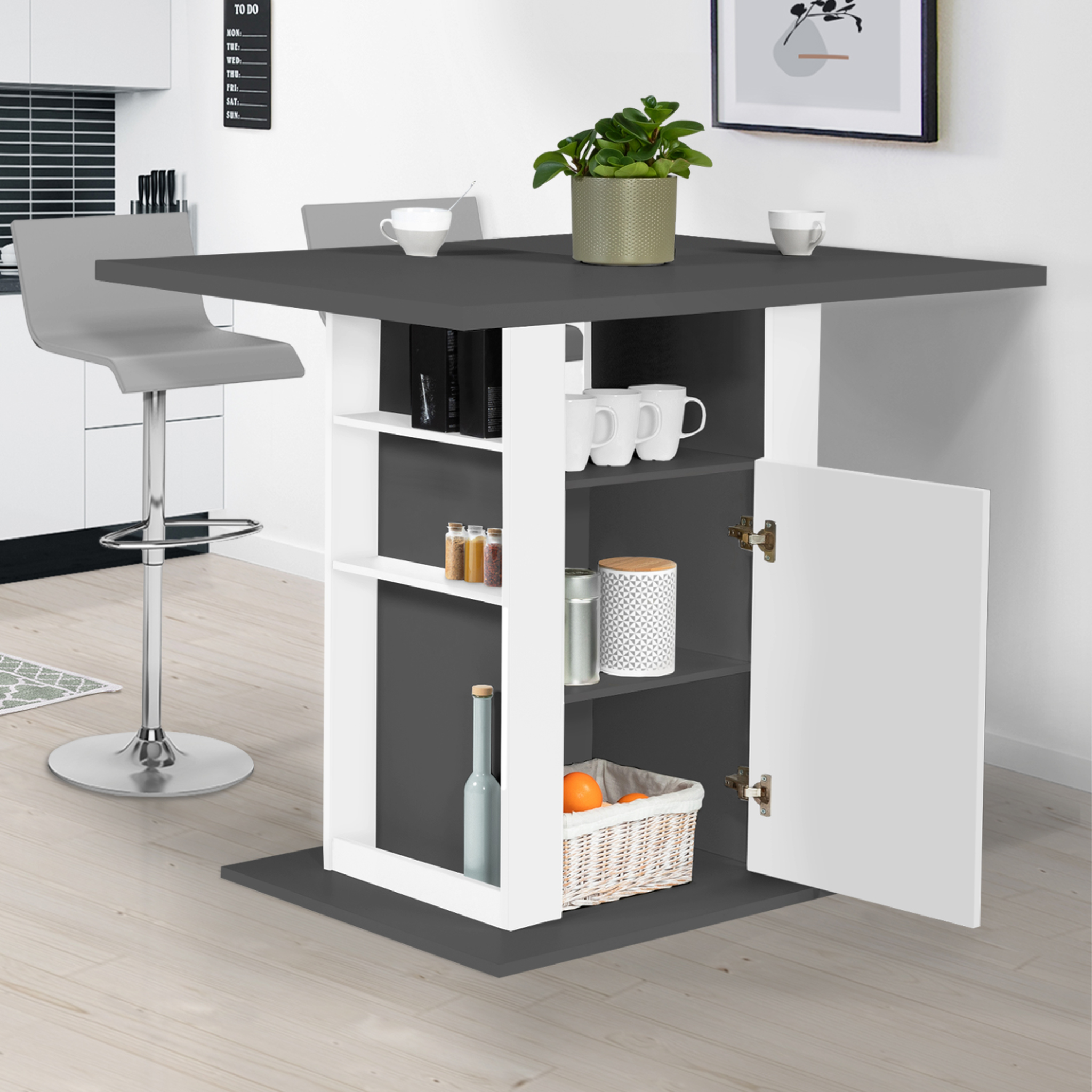 Voir la diapositive 3 : ID MARKET Ilot central ugo 110 cm plateau bois gris et blanc avec rangements
