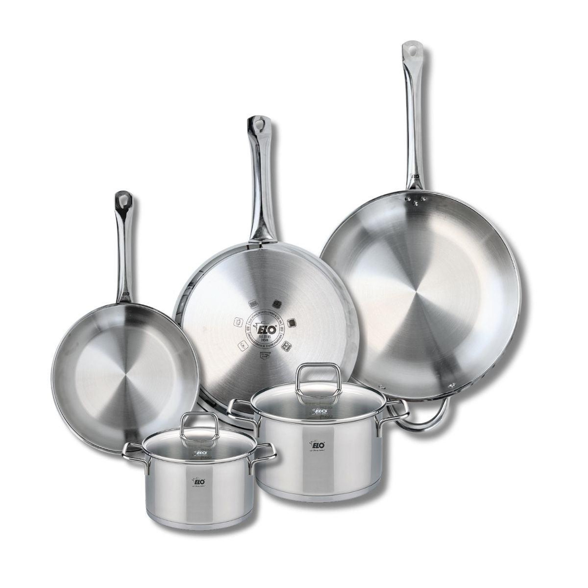 ELO Ensemble de 3 poêles de cuisson 24, 28 et 32 cm et 2 faitouts 16 et 20 cm elo profi citrin