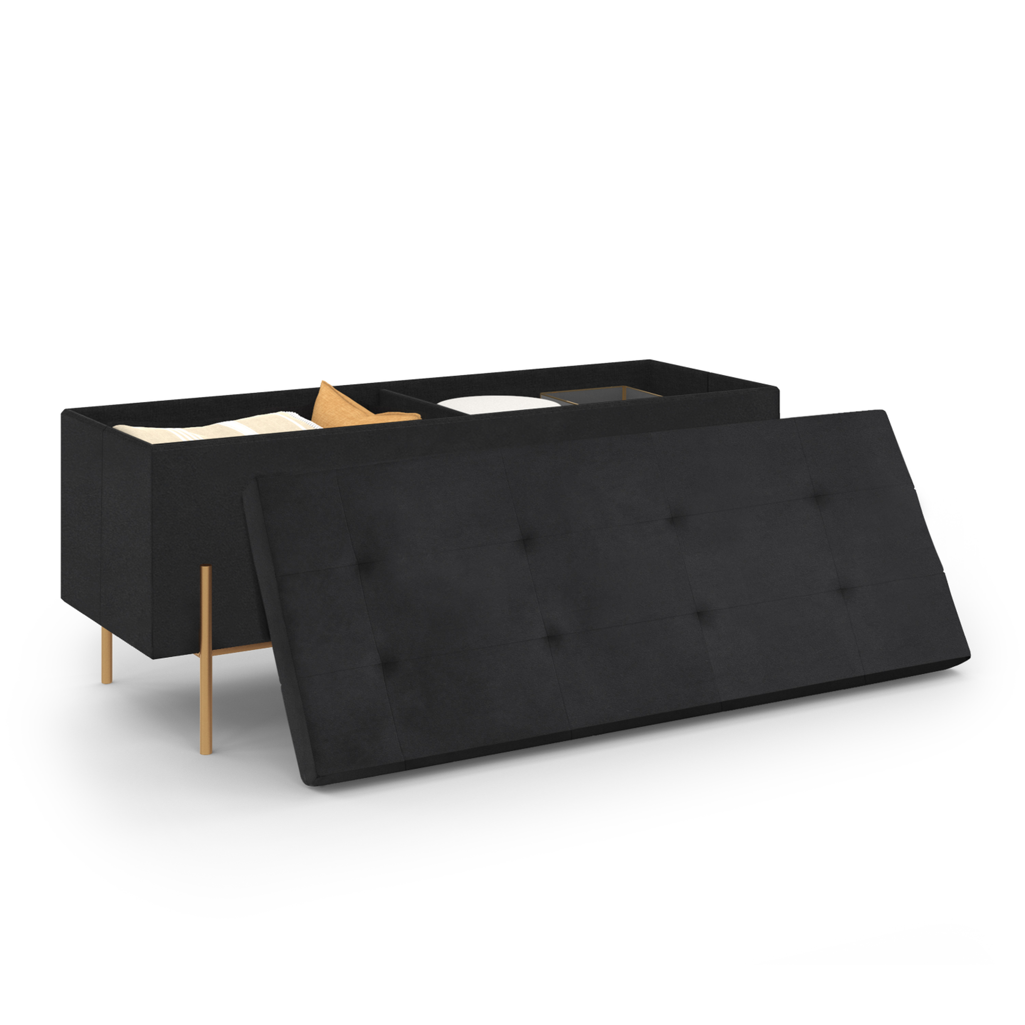 Voir la diapositive 4 : ID MARKET Banc coffre rangement louis pieds métal doré 100 cm velours noir