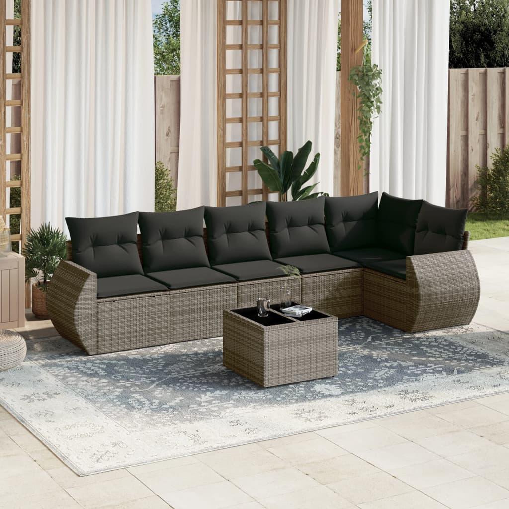 VIDAXL Salon de jardin avec coussins 7 pcs gris resine tressee