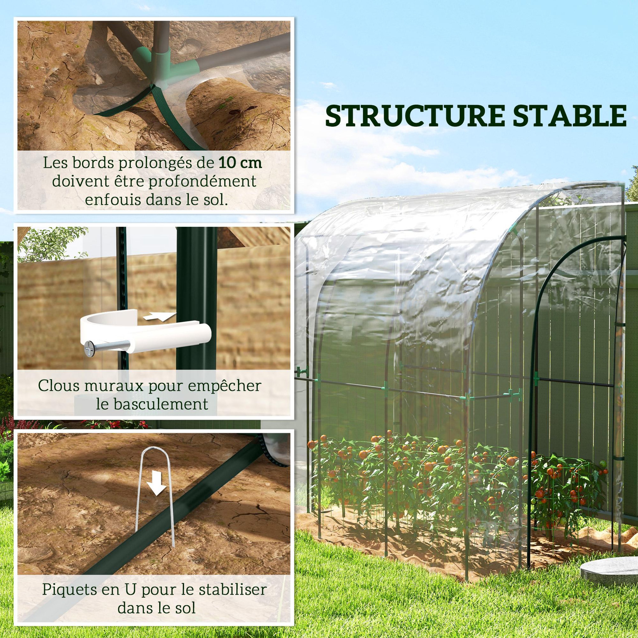 Voir la diapositive 6 : OUTSUNNY Serre de jardin adossée serre adossée dim. 2,14L x 1,18l x 2,12H m 2 portes zippées enroulables acier PVC transparent