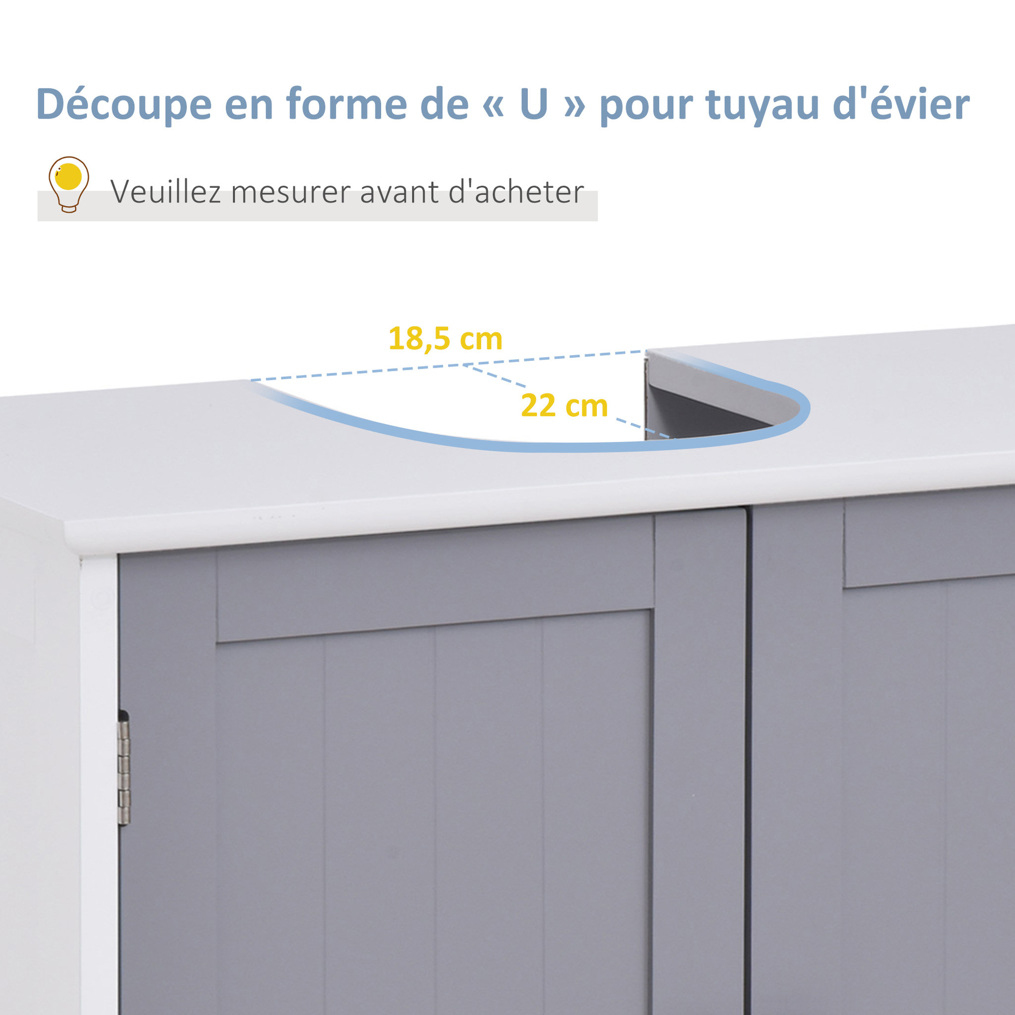Voir la diapositive 4 : KLEANKIN Meuble salle de bain - meuble sous-vasque - placard 2 portes avec étagère - dim. 60L x 30l x 60H cm - MDF gris blanc