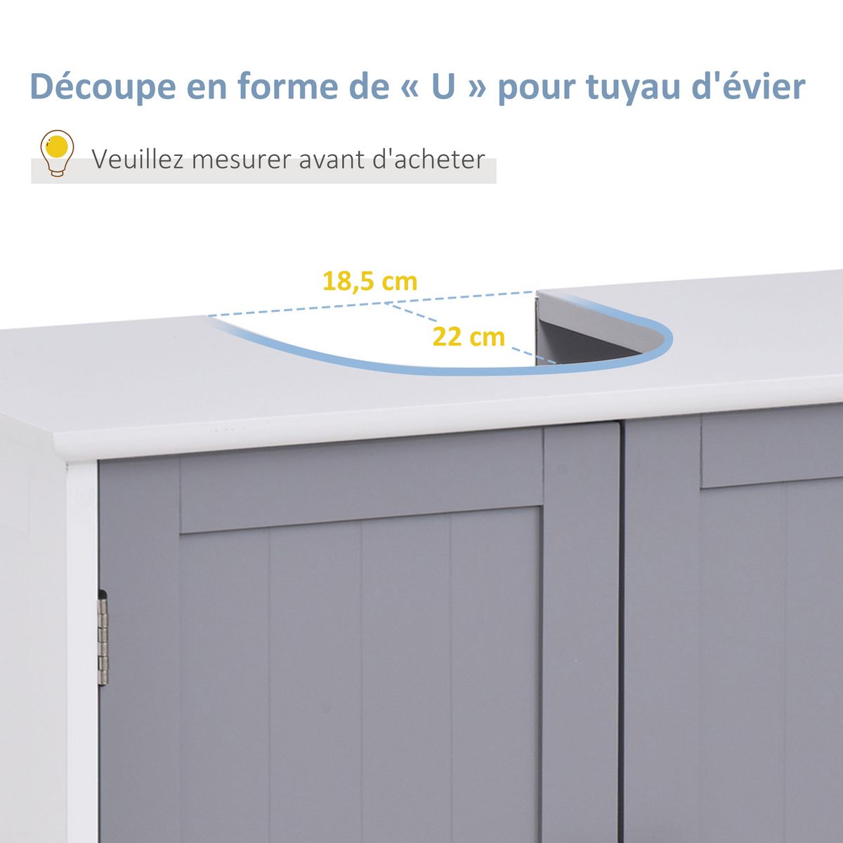 KLEANKIN Meuble salle de bain - meuble sous-vasque - placard 2 portes avec étagère - dim. 60L x 30l x 60H cm - MDF gris blanc
