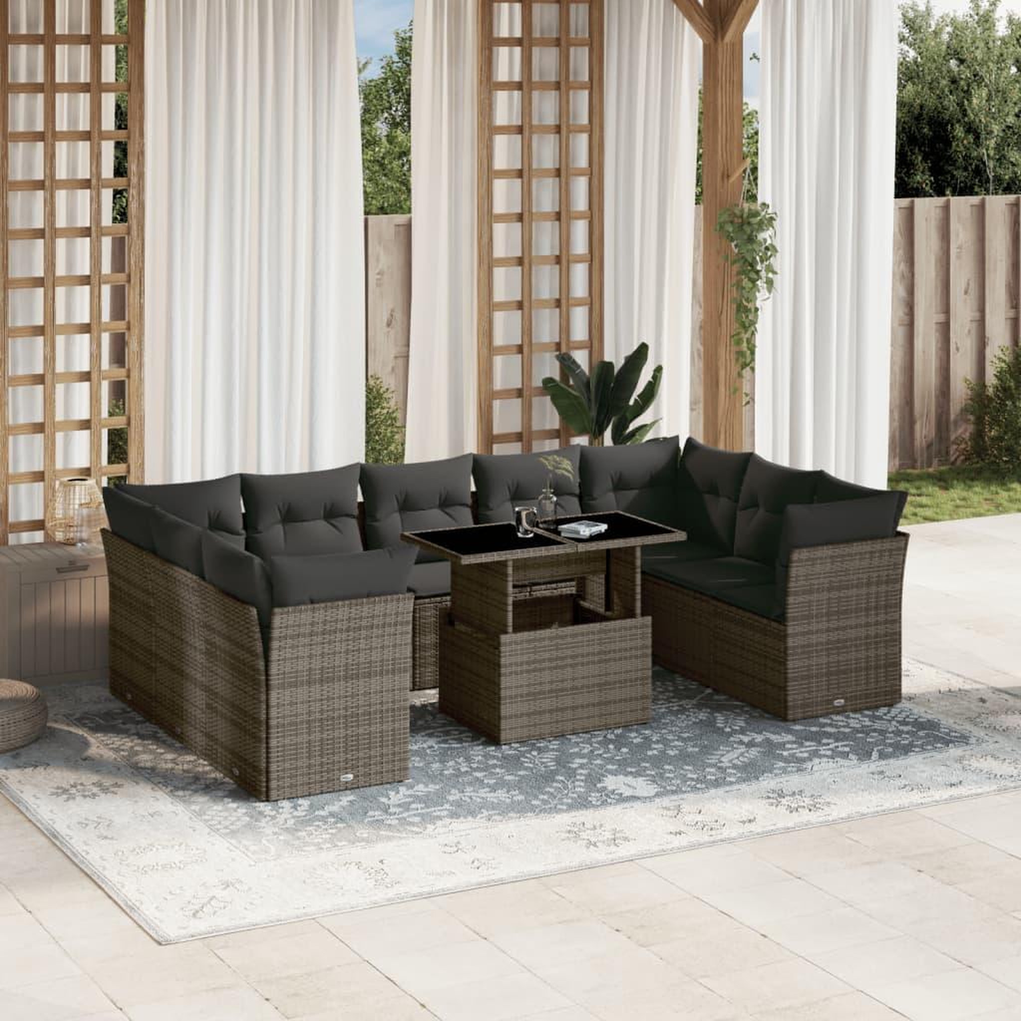 VIDAXL Salon de jardin avec coussins 10 pcs gris resine tressee