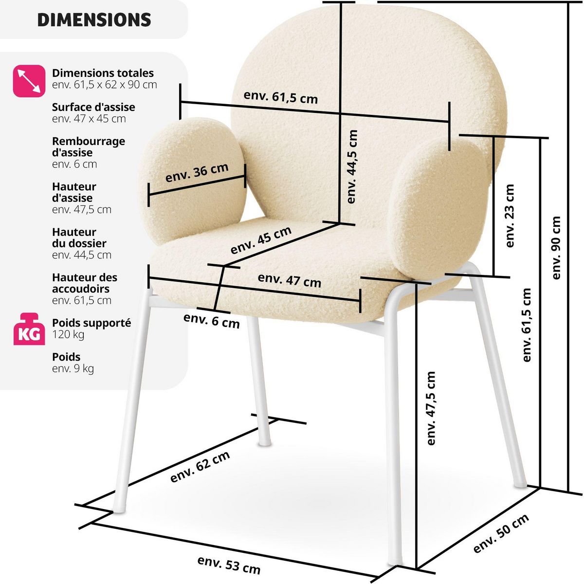 tectake Chaise rembourrée avec revêtement en tissu bouclette crème