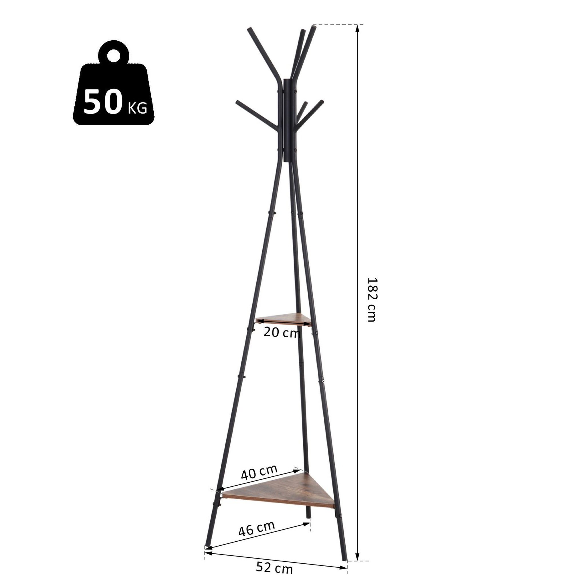 Voir la diapositive 3 : HOMCOM HOMCOM Porte-manteau trépied style industriel branches 2 étagères + 6 patères dim. 52L x 46l x 182H cm métal noir panneaux particules boisés