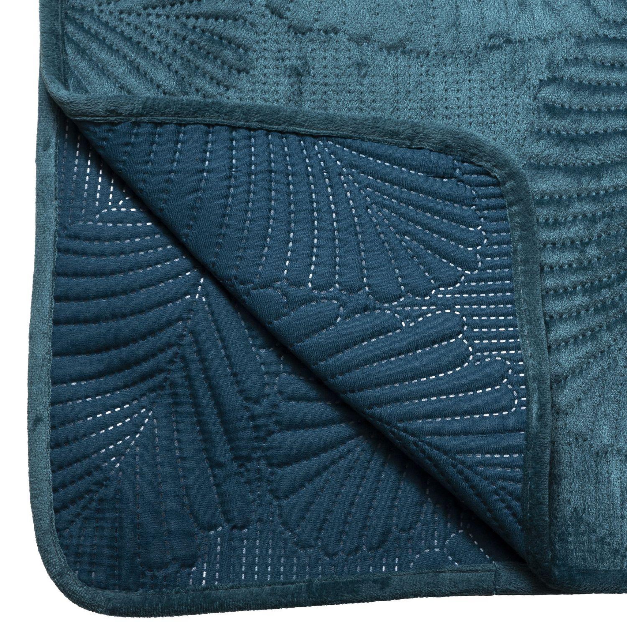 Voir la diapositive 2 : ATMOSPHERA Dessus de lit en polyester, effet velours, broderies feuilles - 260x240 cm - bleu canard