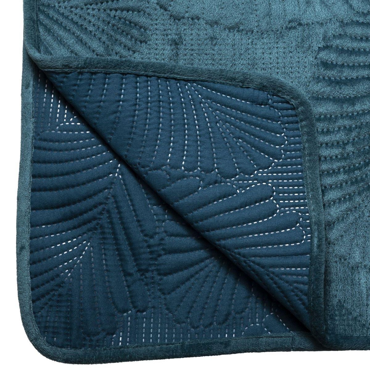 ATMOSPHERA Dessus de lit en polyester, effet velours, broderies feuilles - 260x240 cm - Bleu Canard