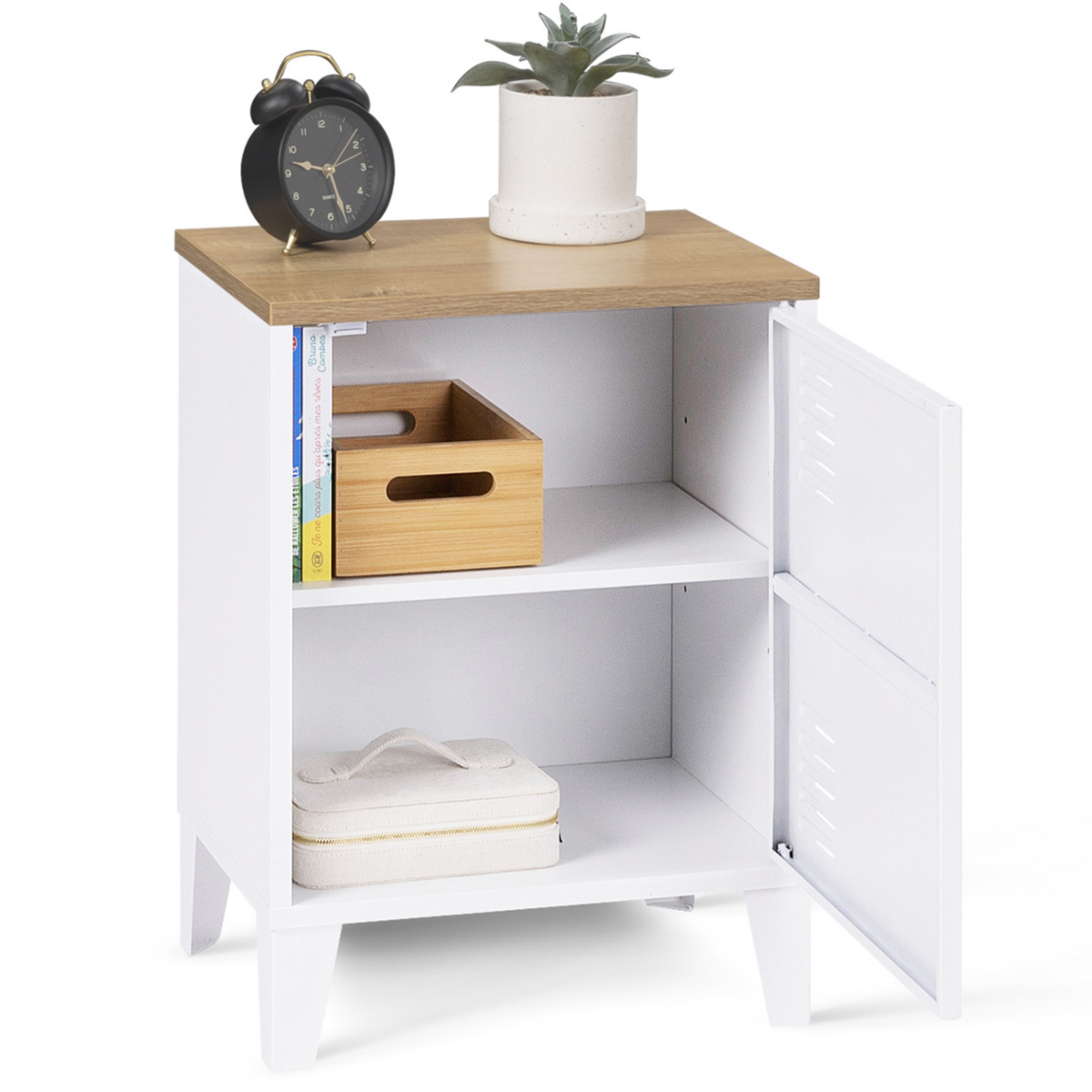 ID MARKET Table de chevet ESTER 1 porte métal blanc plateau façon hêtre design industriel