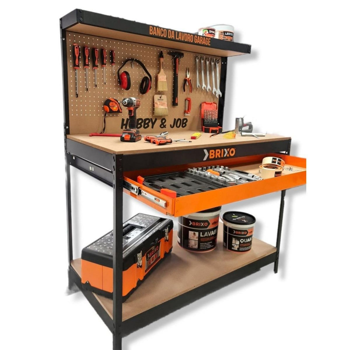 BRIXO Etabli de garage avec tiroir Panneau perforé et étagère L120 xP60 x H150 cm Charge max 230 kg