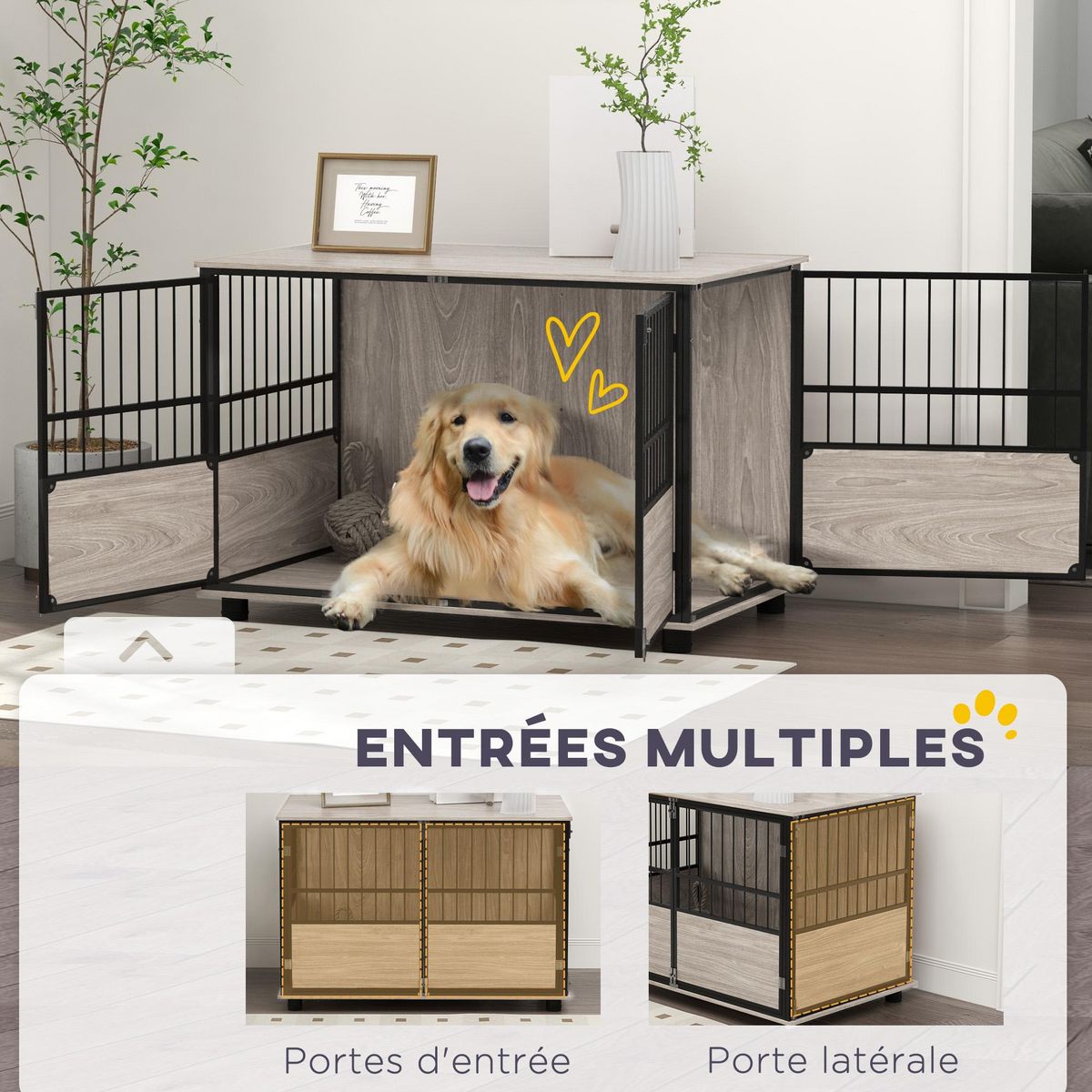 PAWHUT Cage pour chien animaux style industriel - porte coulissante verrouillable - acier noir panneaux aspect bois