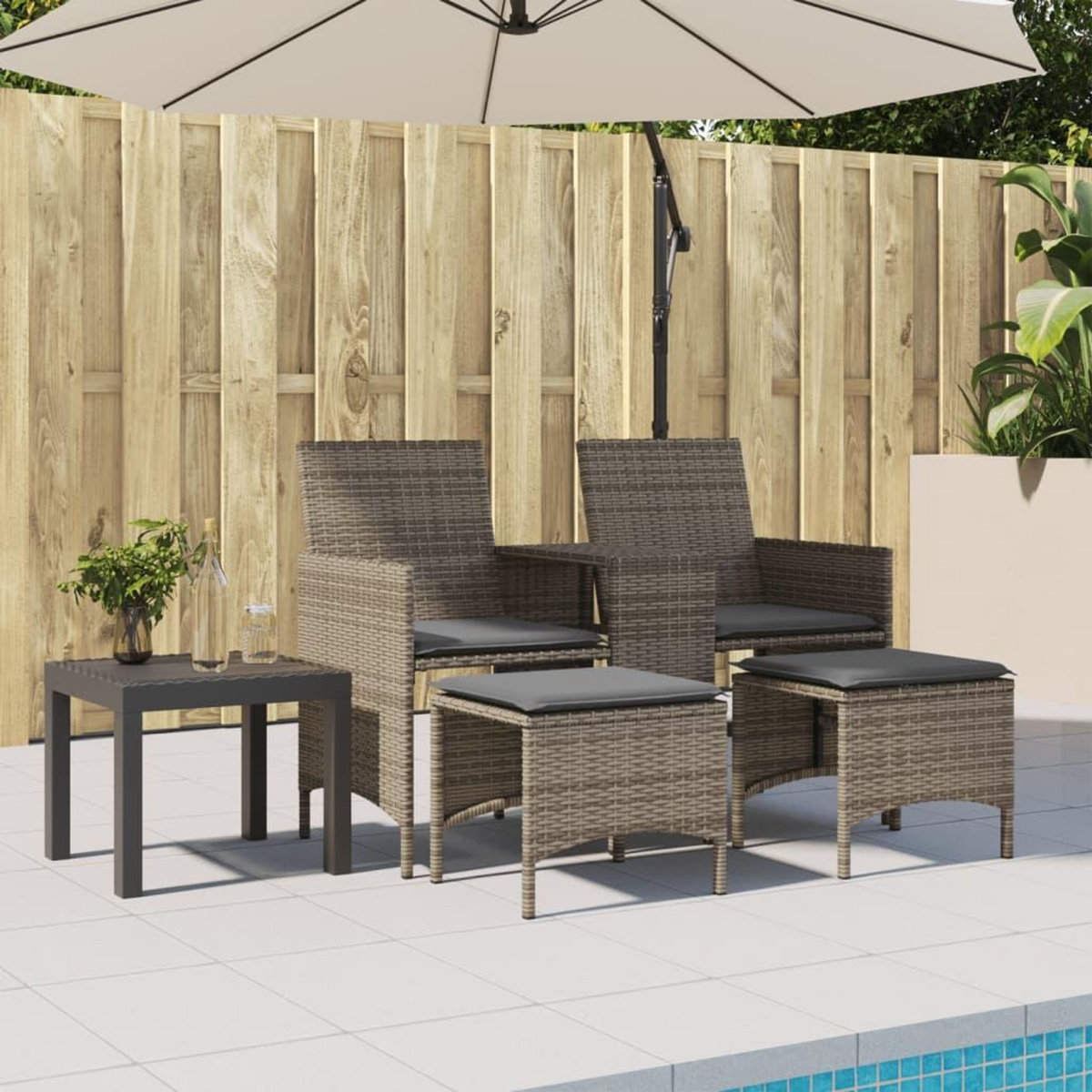 VIDAXL Canape de jardin 2 places avec table et tabourets gris rotin