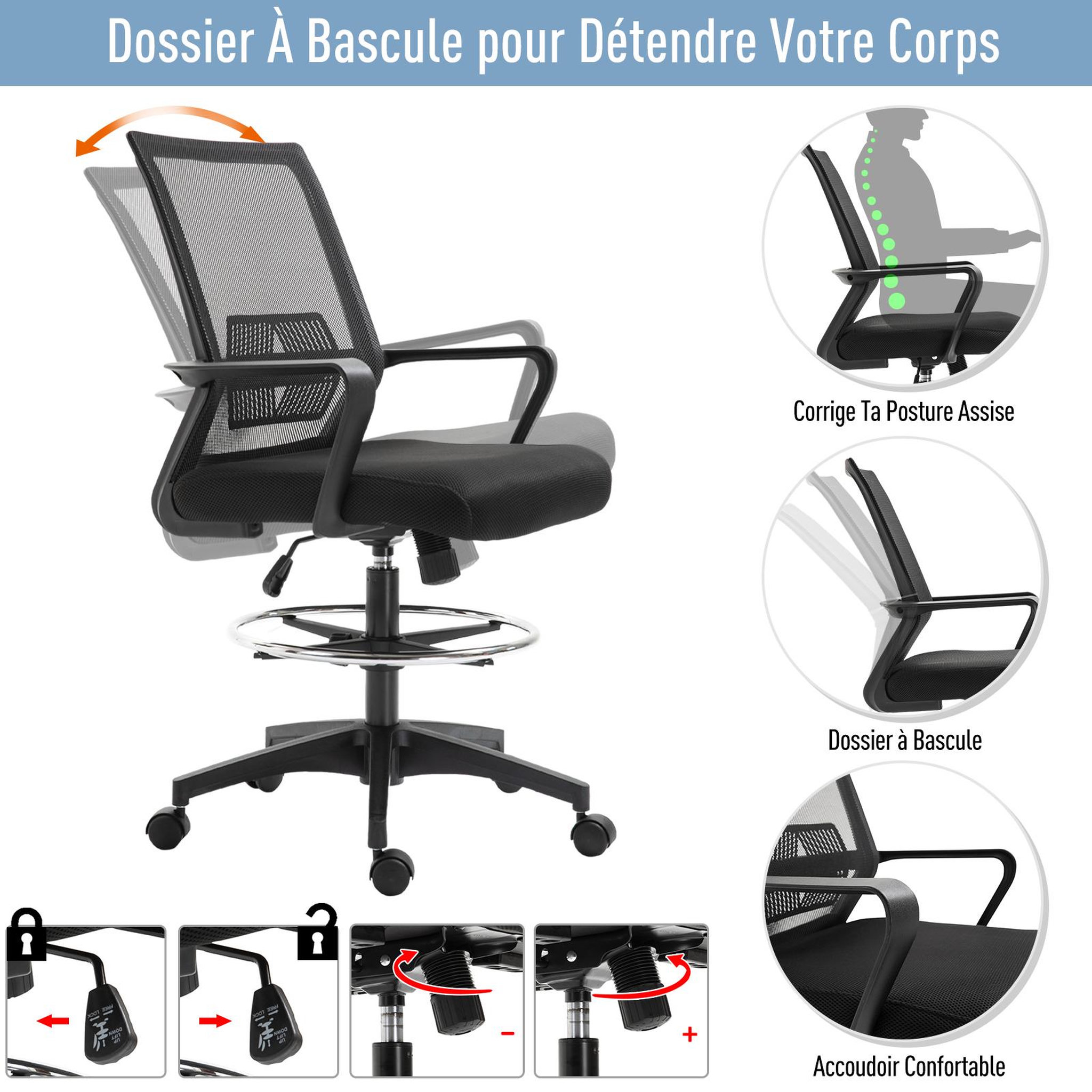 Voir la diapositive 4 : HOMCOM Fauteuil de bureau chaise de bureau assise haute réglable dim. 64L x 59l x 104-124H cm pivotant 360° maille respirante noir