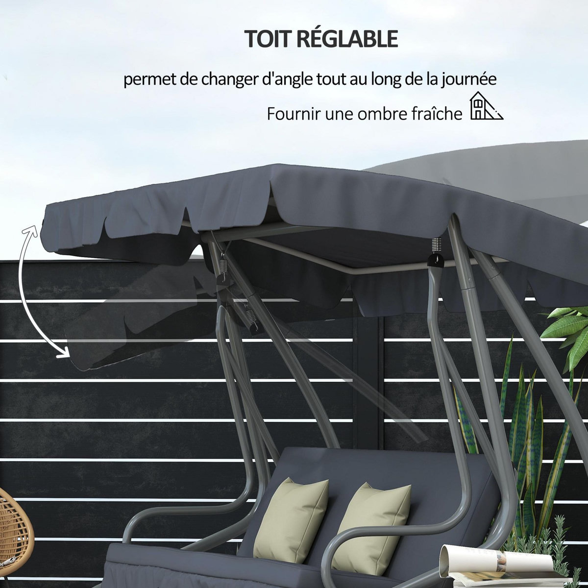 OUTSUNNY Balancelle de jardin 3 places convertible toit inclinaison réglable 2 tablettes support coussins acier polyester gris