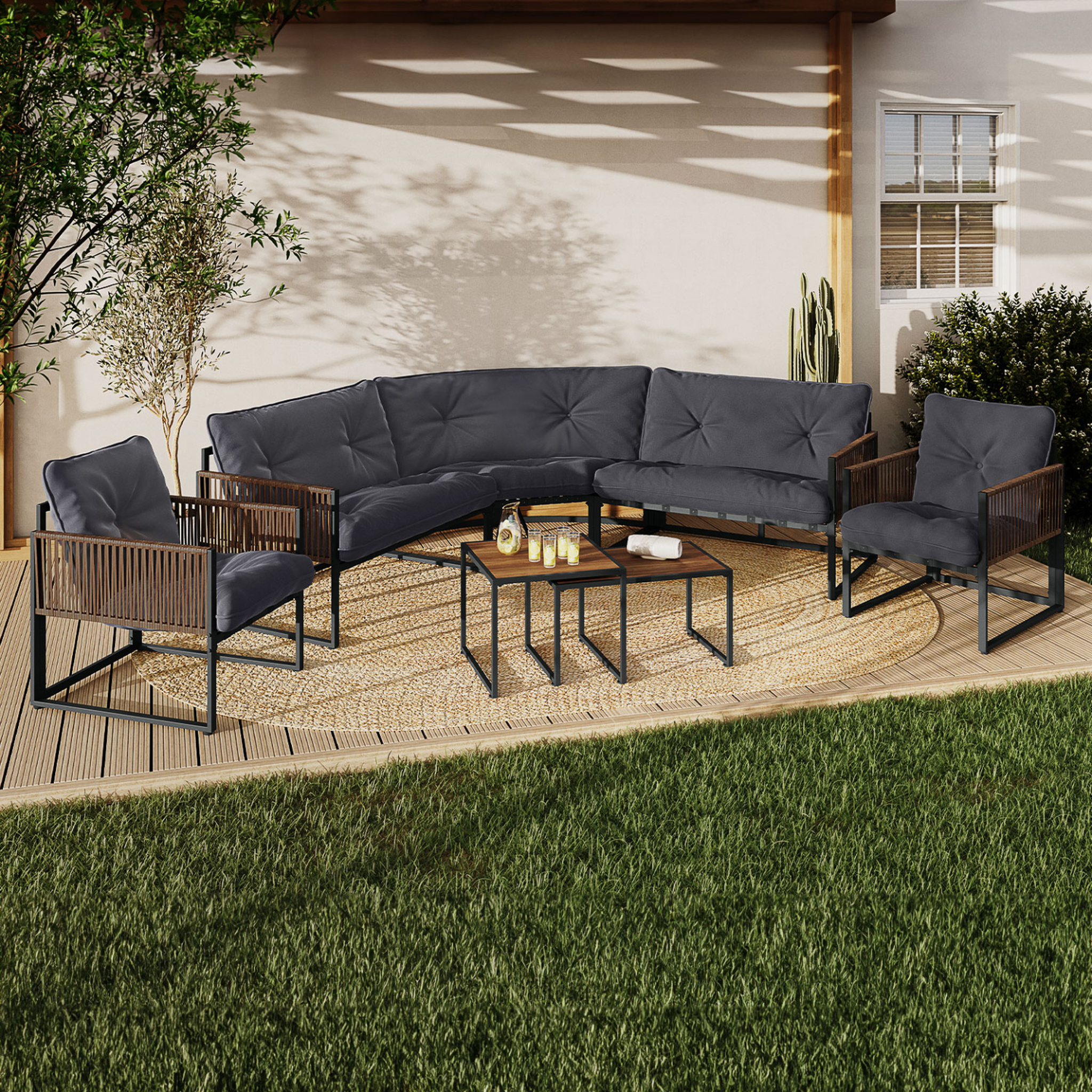 Voir la diapositive 2 : ID MARKET Salon de jardin bas rio 8 places salon d'angle structure métal gris anthracite, cordage effet rotin avec coussins gris