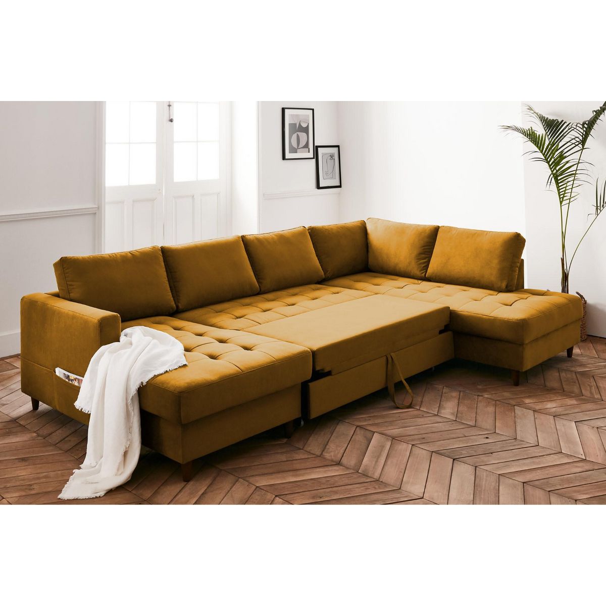 LISA DESIGN Anna - canapé panoramique d'angle droit - 7 places - convertible avec coffre - en velours