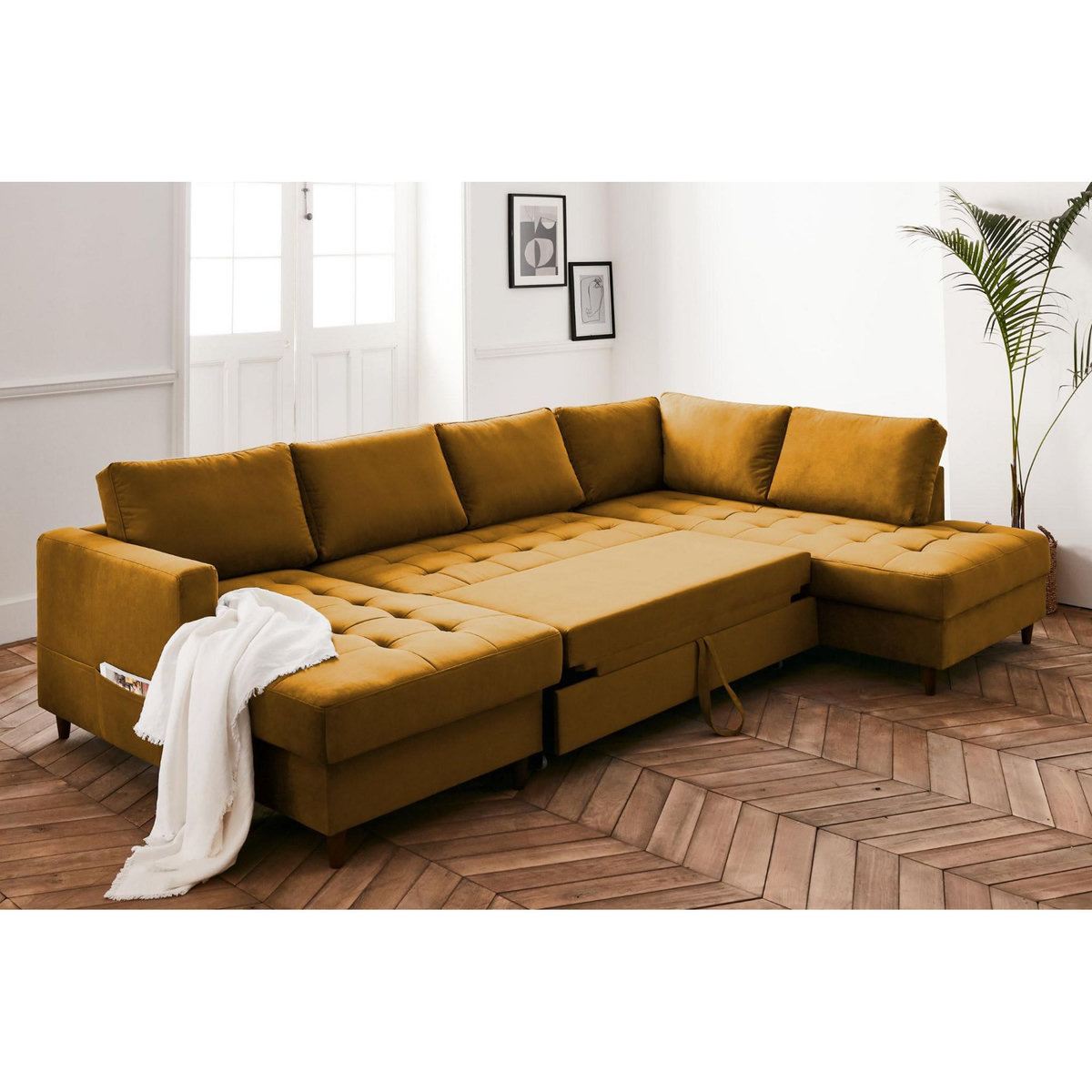 LISA DESIGN Anna - canapé panoramique d'angle droit - 7 places - convertible avec coffre - en velours