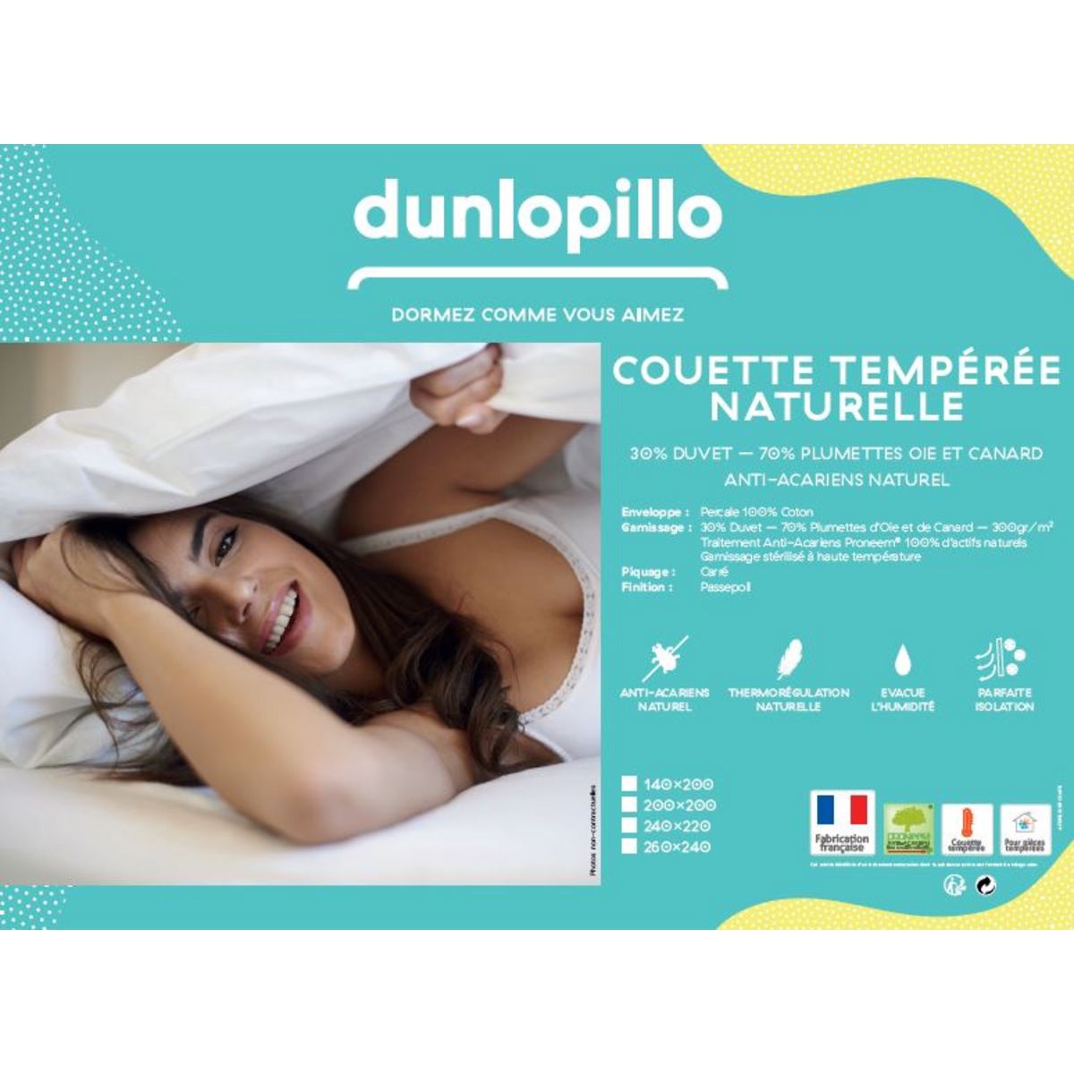 DUNLOPILLO Couette tempérée en percale de coton garnissage naturel traitée anti-acariens PRONEEM 300 g/m²