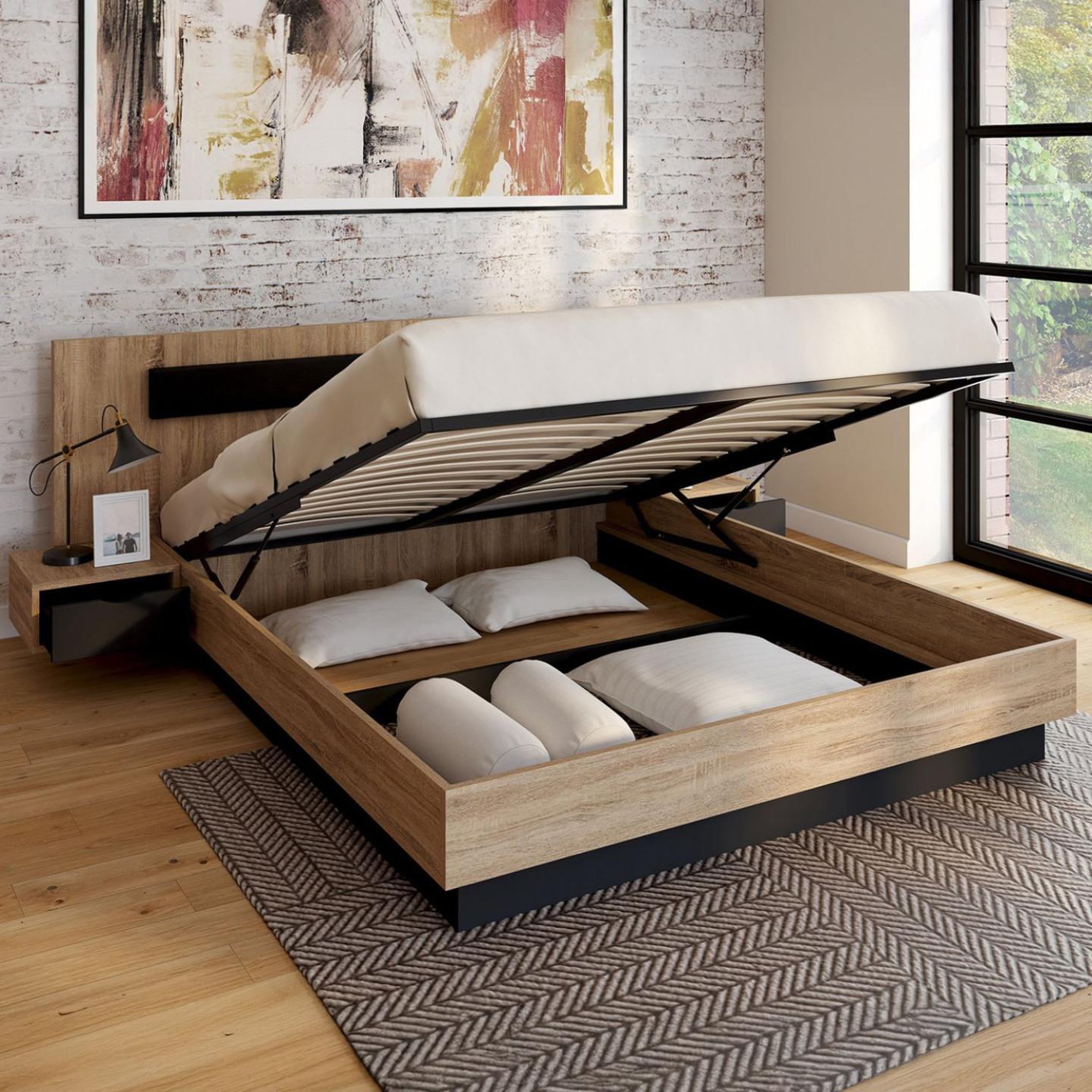Voir la diapositive 2 : ID MARKET Lit coffre double santa avec tête de lit + tables de chevet intégrées et sommier 160 x 200 cm bois et noir