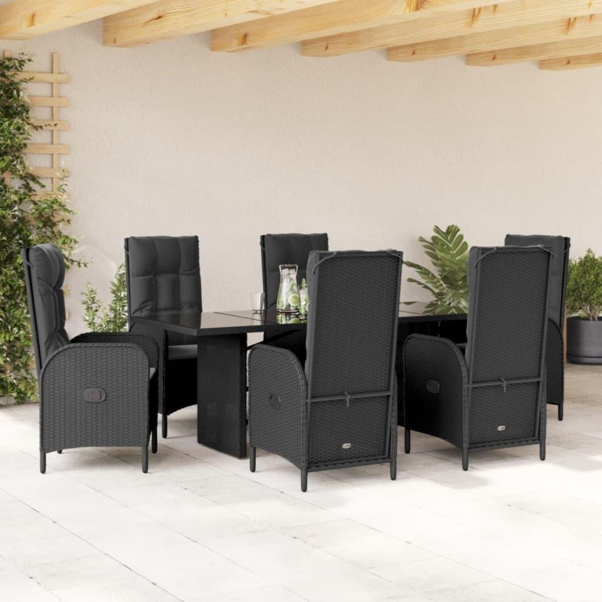 VIDAXL Ensemble a manger de jardin coussins 7pcs Noir Resine tressee