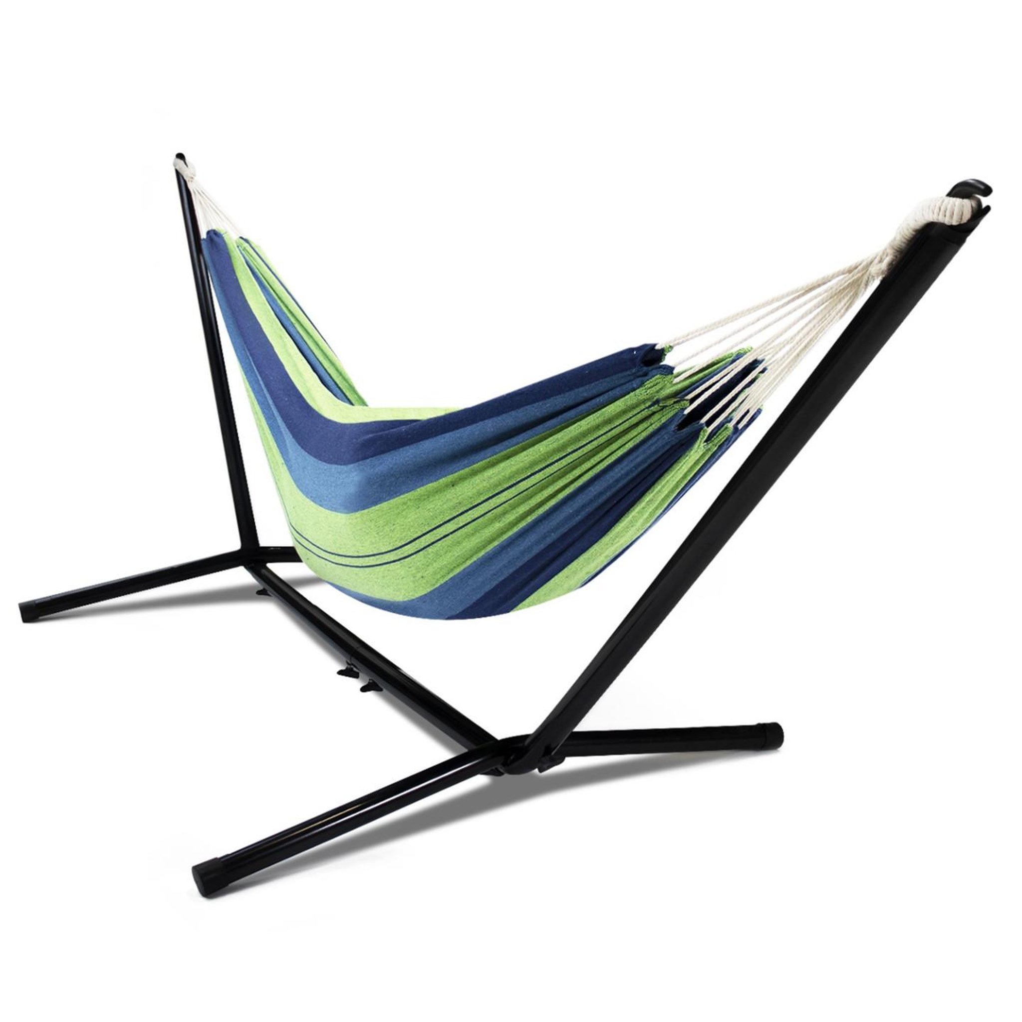 ID MARKET Hamac avec support métal noir et toile rayée bleue et verte