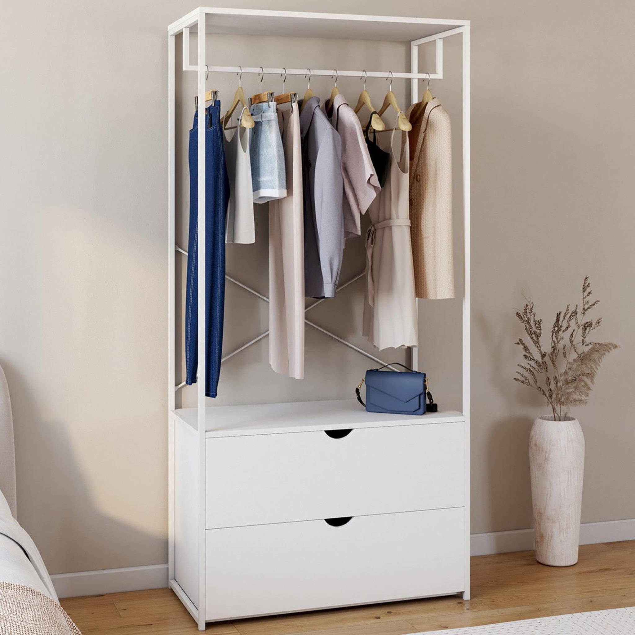 Voir la diapositive 2 : ID MARKET Dressing penderie 2 tiroirs l. 80 cm brooklyn bois blanc et métal blanc