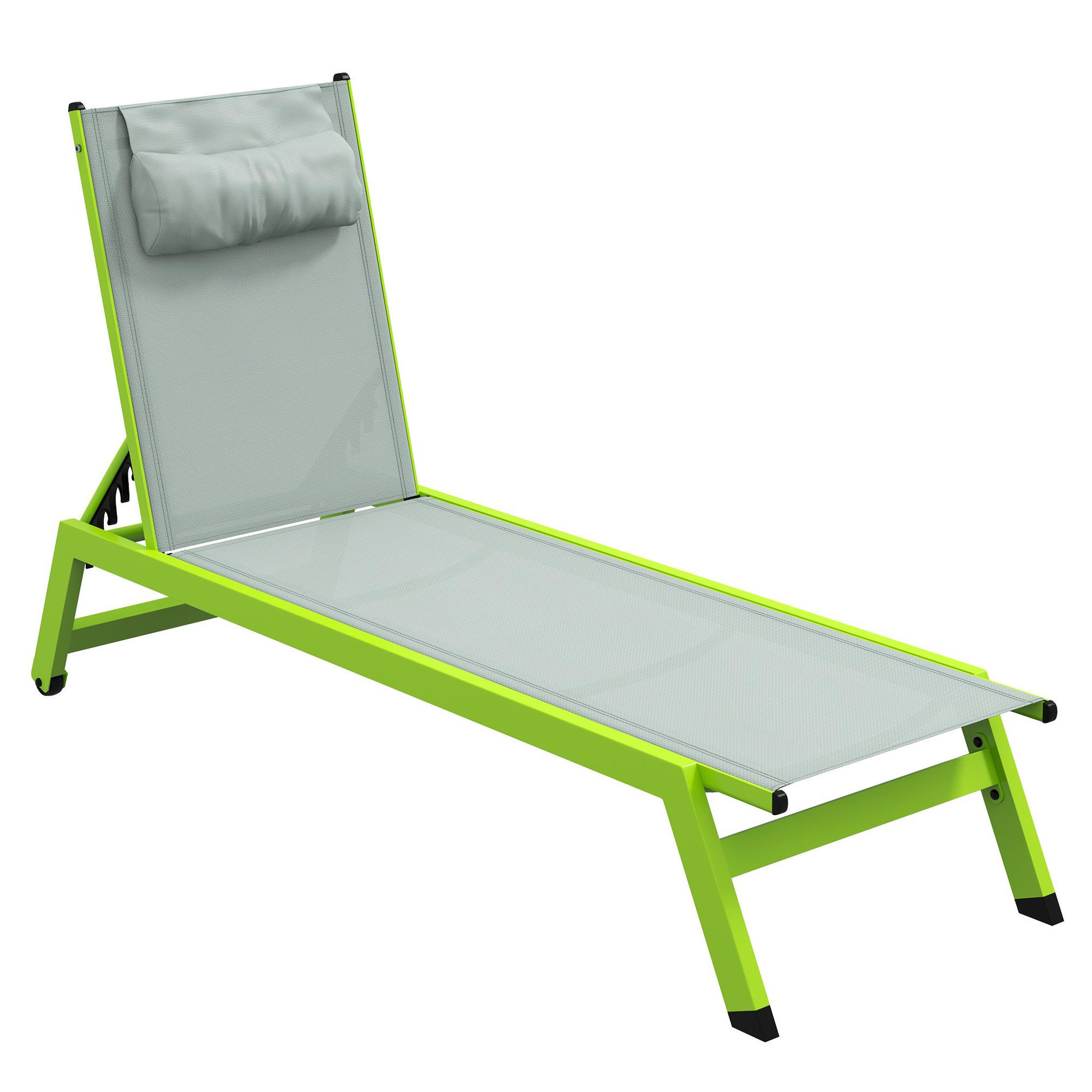 Voir la diapositive 1 : OUTSUNNY Bain de soleil transat inclinable 5 positions - tétière, 2 roulettes - alu. textilène vert