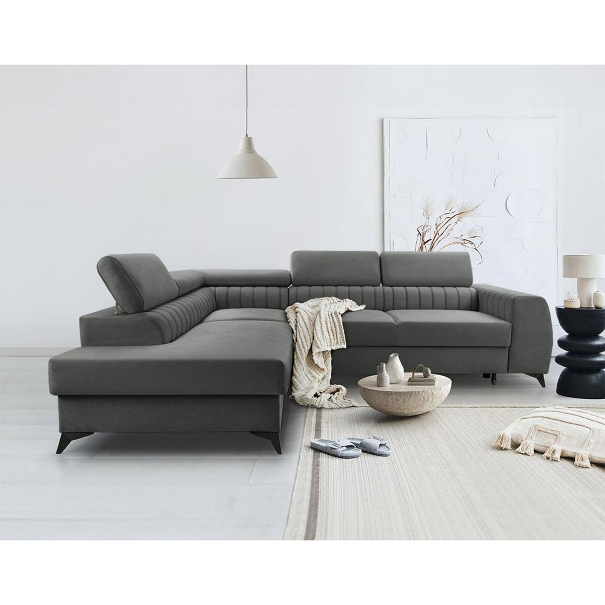 BEST MOBILIER Aneta - canapé d'angle gauche 5 places - convertible avec coffre et têtières - en velours