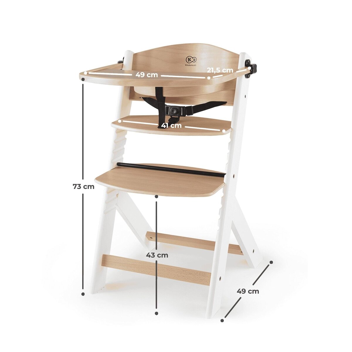 KINDERKRAFT Chaise haute bois 3 en 1 reglable avec harnais