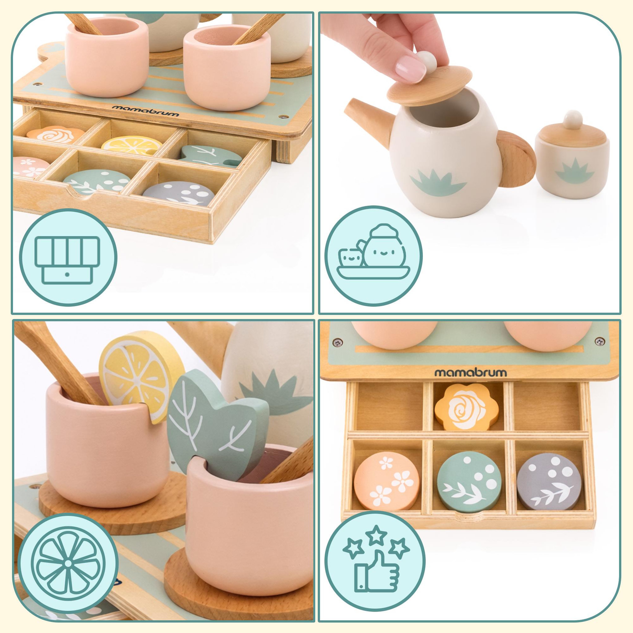 Voir la diapositive 4 : MAMABRUM Dinette 18 Pcs Service a The Bois Enfant Mamabrum Plateau Tiroir 22x16 cm 3 Ans