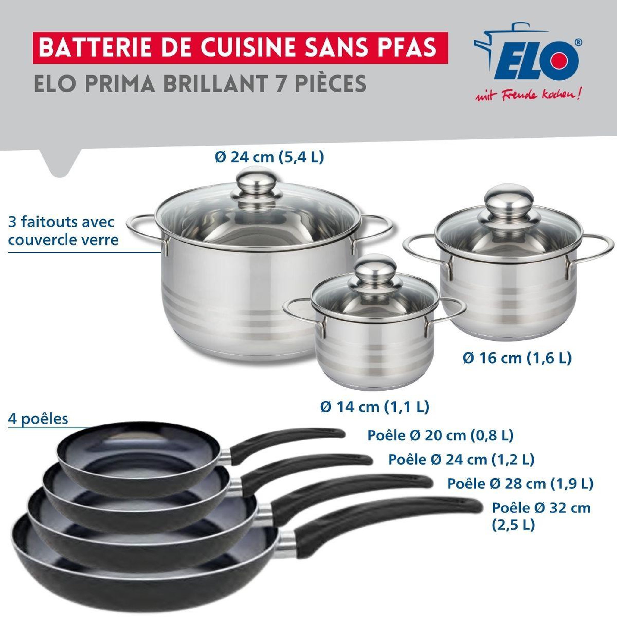 Voir la diapositive 2 : ELO Ensemble de 4 poêles de cuisson 20, 24, 28 et 32 cm et 3 faitouts 14, 16 et 24 cm elo prima brillant