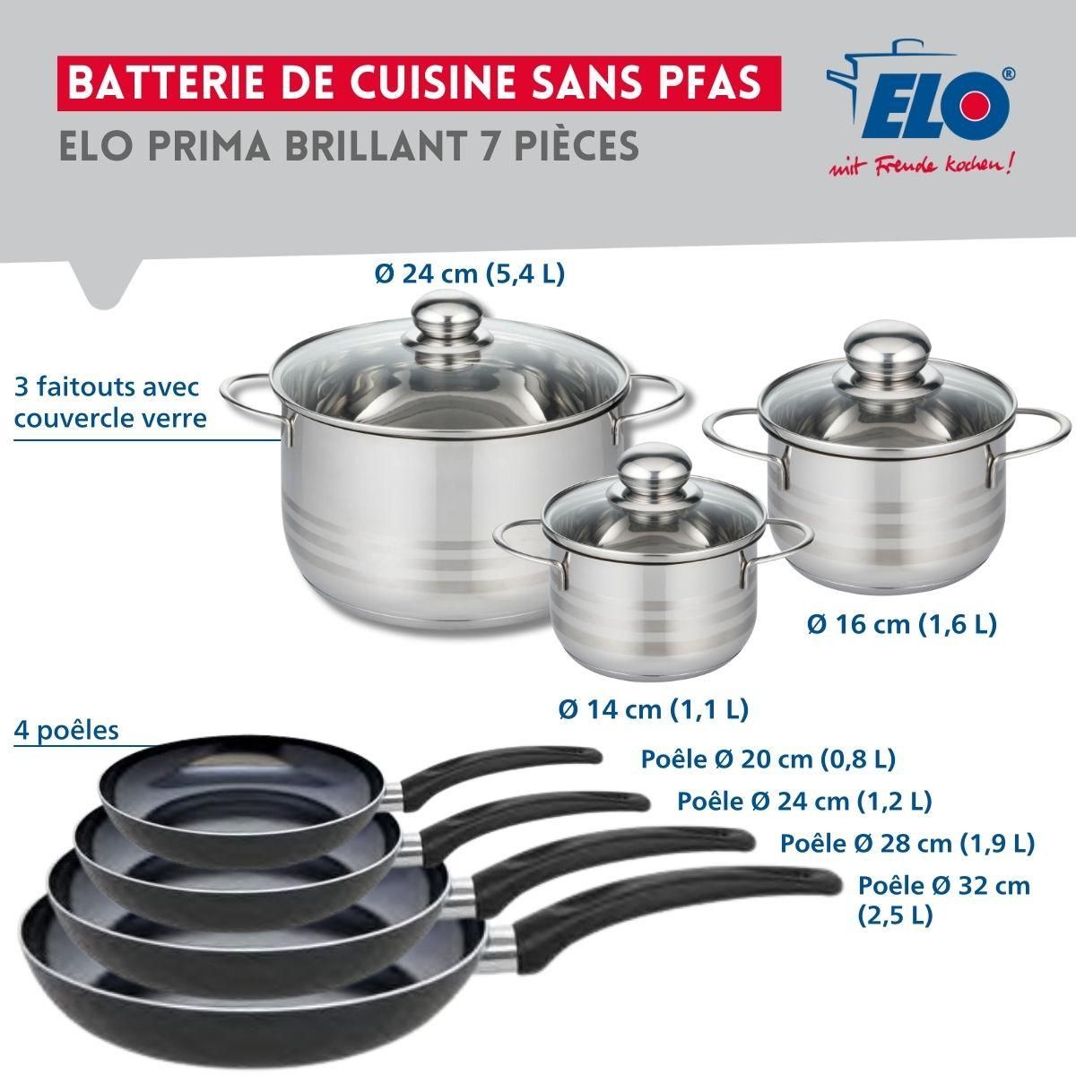 ELO Ensemble de 4 Poêles de cuisson 20, 24, 28 et 32 cm et 3 faitouts 14, 16 et 24 cm Elo Prima Brillant