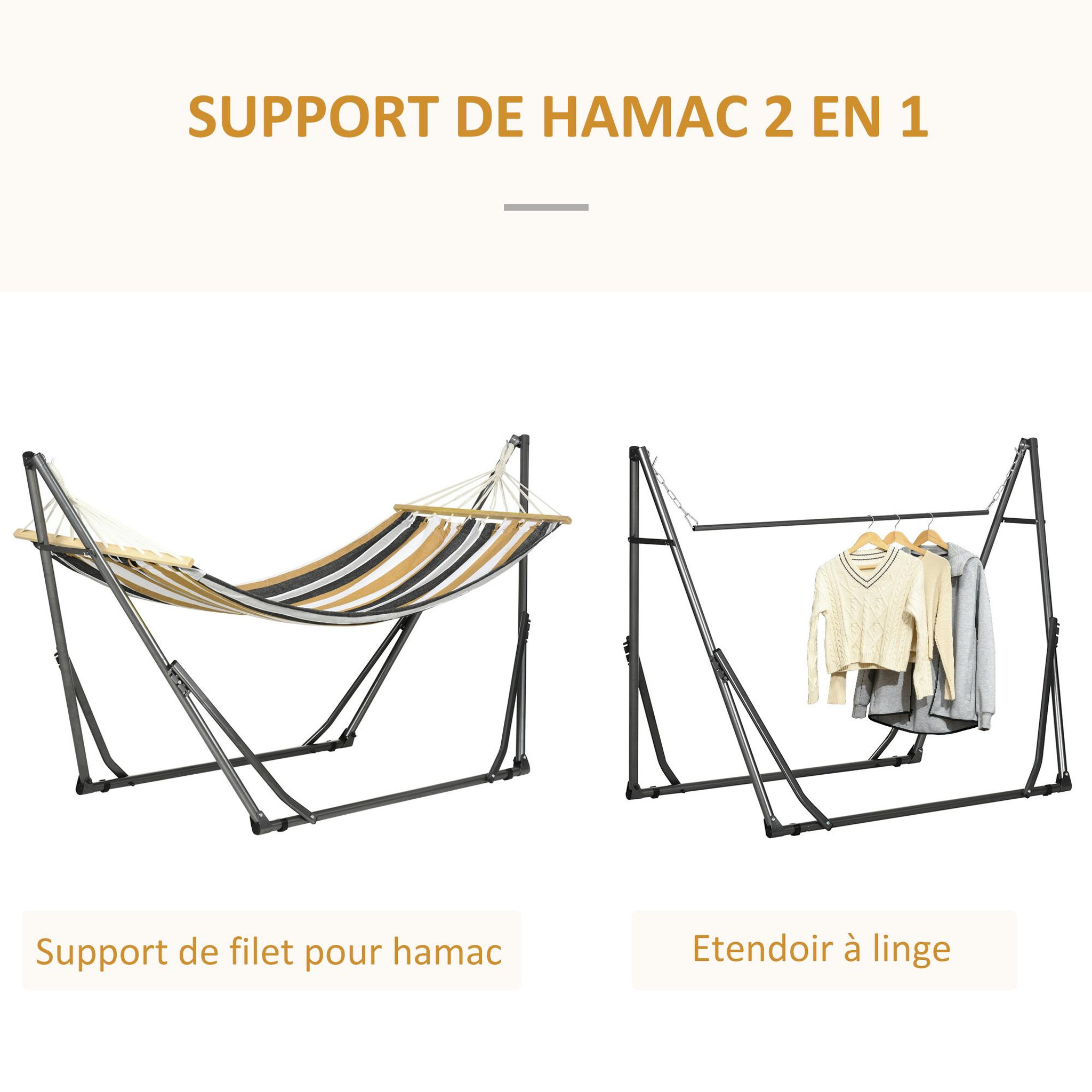 Voir la diapositive 4 : OUTSUNNY Hamac de jardin pliable avec support acier époxy et toile coton lin marron noir gris blanc
