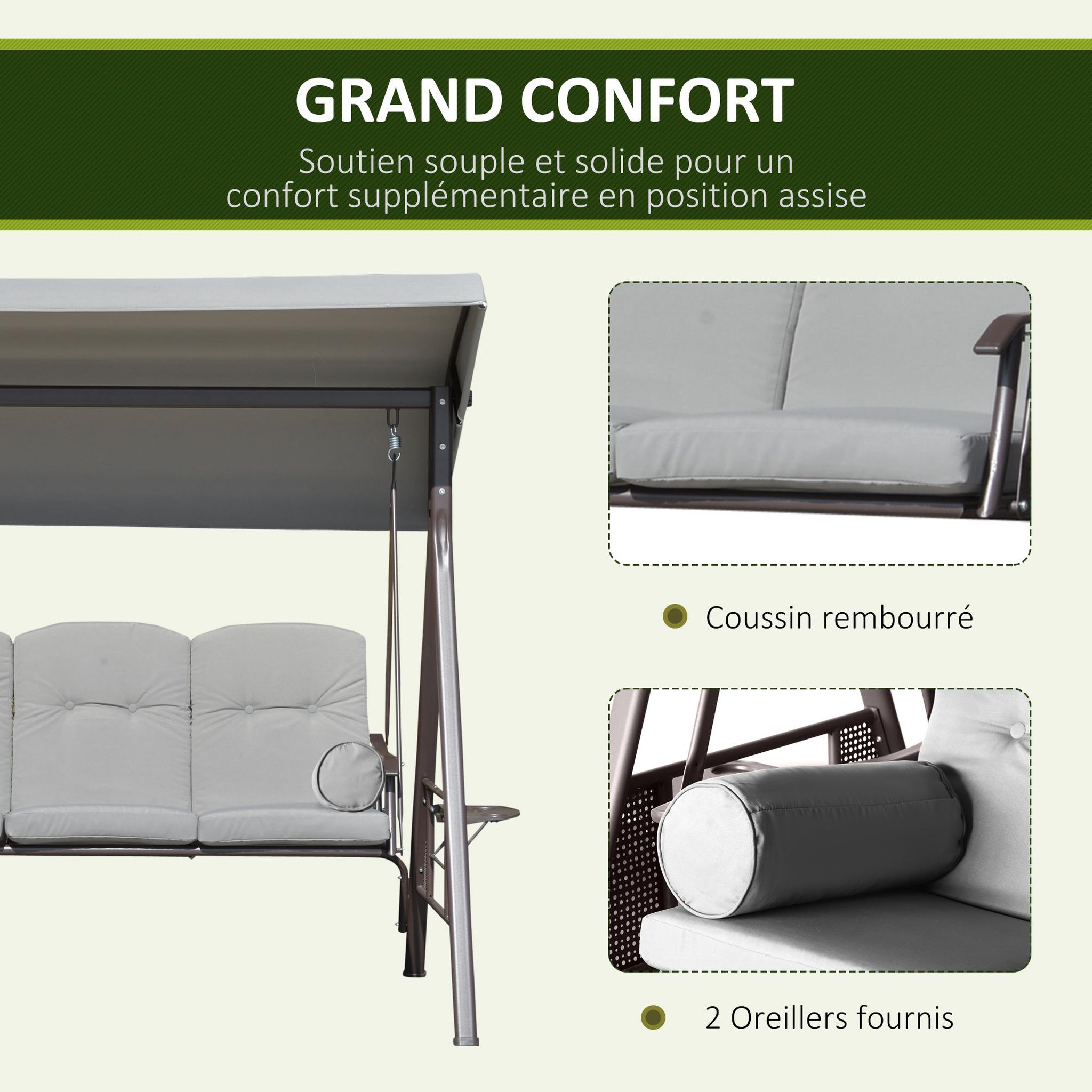 Voir la diapositive 4 : OUTSUNNY Balancelle de jardin 3 places grand confort toit inclinaison réglable coussins plateaux rétractables polyester filé gris