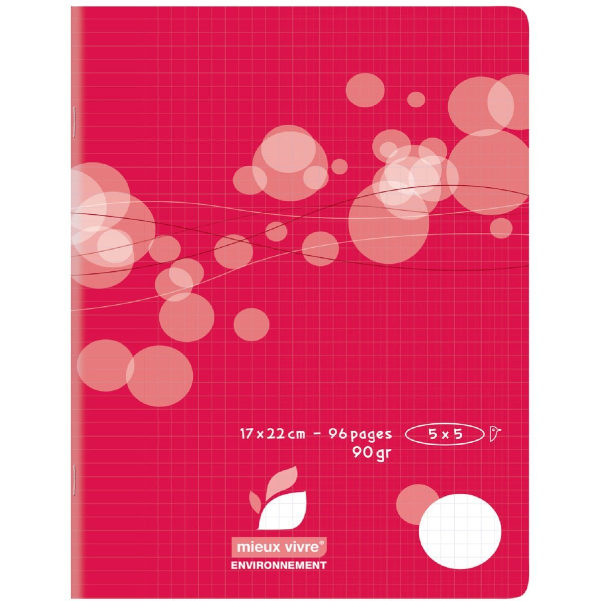 AUCHAN Cahier piqué polypro 17x22cm 96 pages petits carreaux 5x5 rouge motif ronds