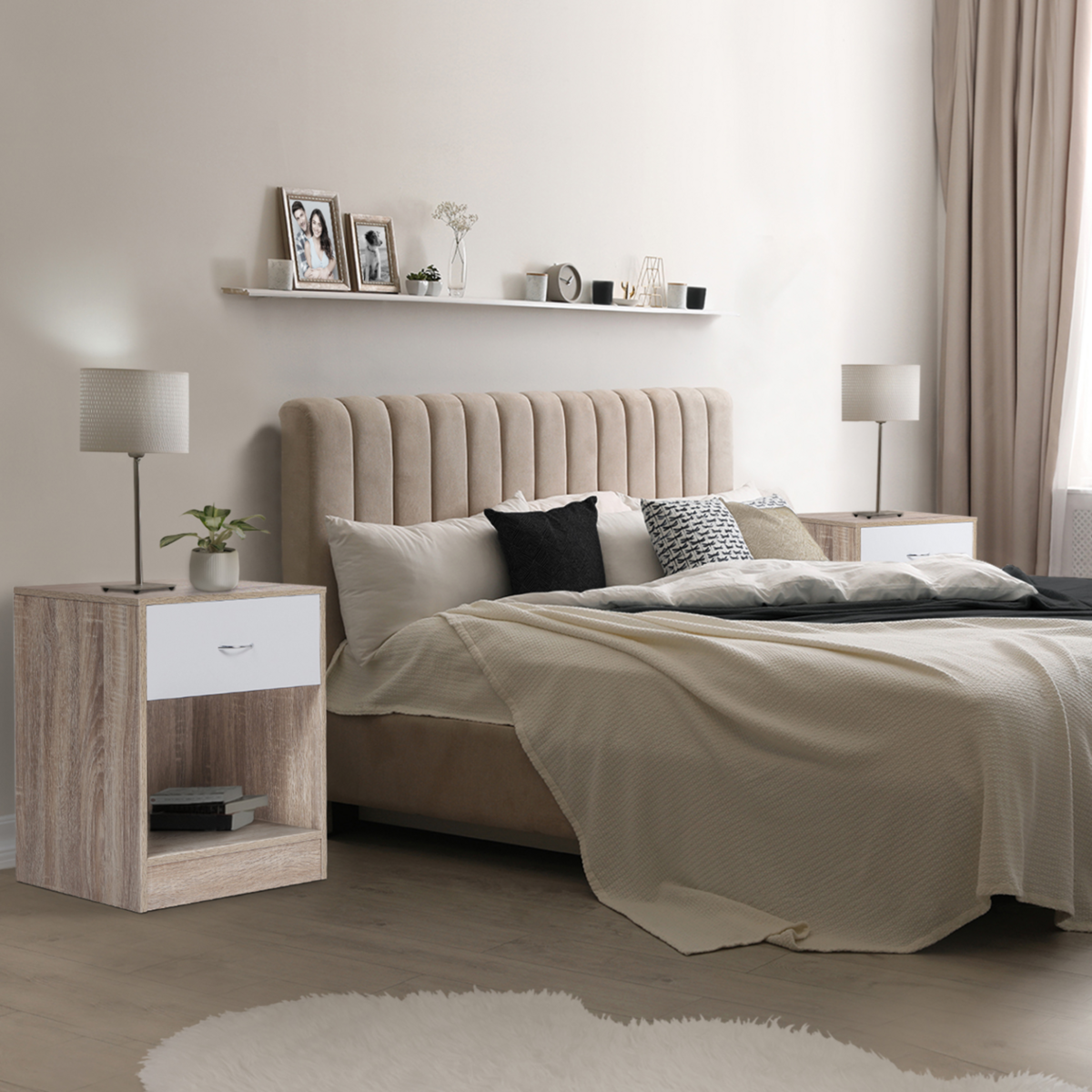 ID MARKET Lot de 2 tables de chevet OLGA 1 tiroir avec niche bois façon hêtre et tiroir blanc